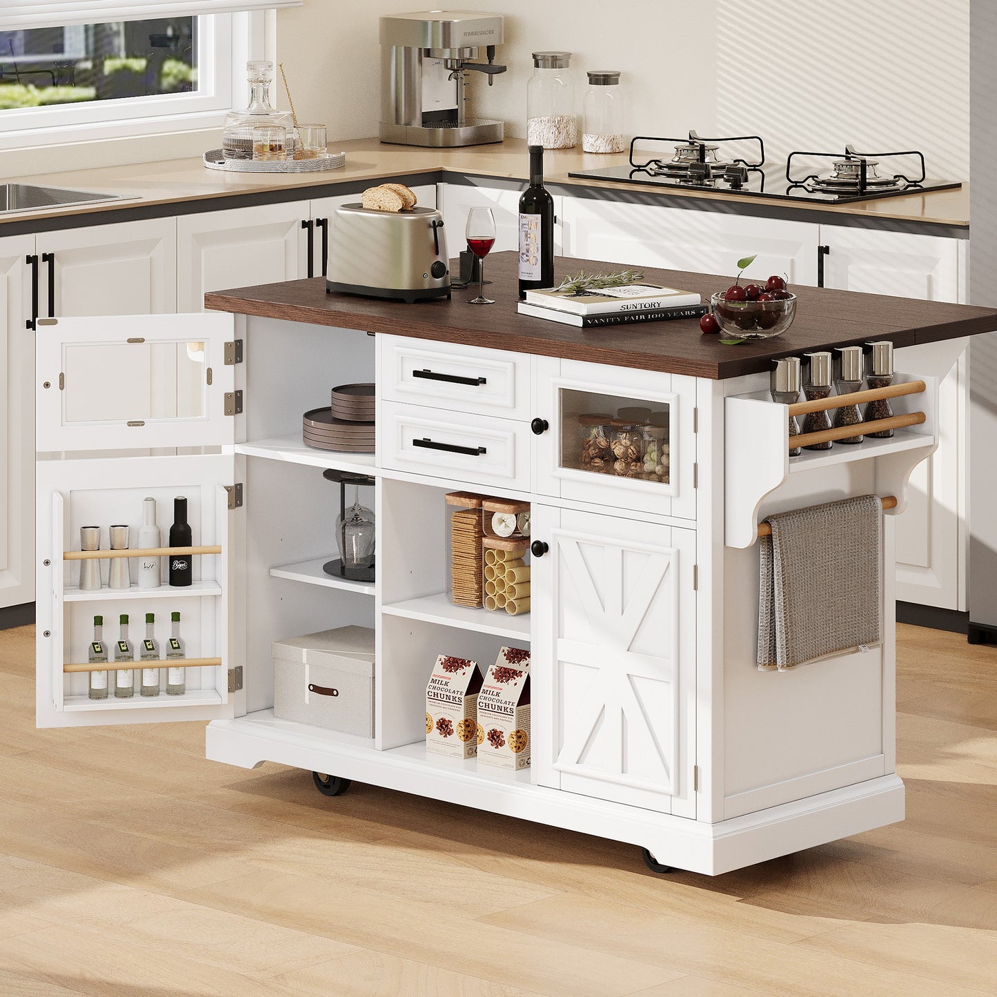 K&K 54.9  Kitchen Island With Drop Leaf, Power Outlet, Kitchen Storage Cart With 4 Door Shelves, Cross Barn Doors & Visual Glass Door, Rolling Kitchen Island On 4 Wheels For Kitchen, Dining Room,White