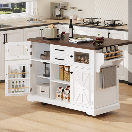 K&K 54.9  Kitchen Island With Drop Leaf, Power Outlet, Kitchen Storage Cart With 4 Door Shelves, Cross Barn Doors & Visual Glass Door, Rolling Kitchen Island On 4 Wheels For Kitchen, Dining Room,White