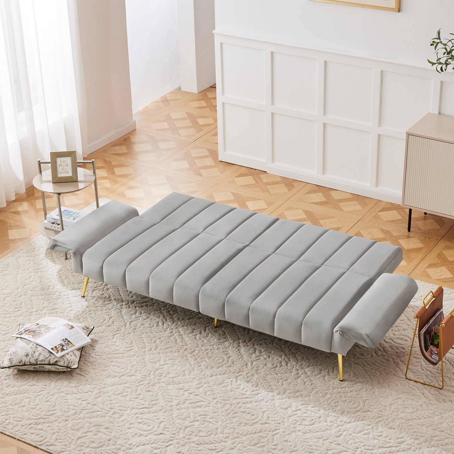 Modern Adjustable Velvet Sofa Bed With Multi Position Backrest & Armrests, Metal Legs, Convertible Sleeper Function, Ideal For Living Room, Bedroom, Home Theater & Guest Room, Grey, Video Included