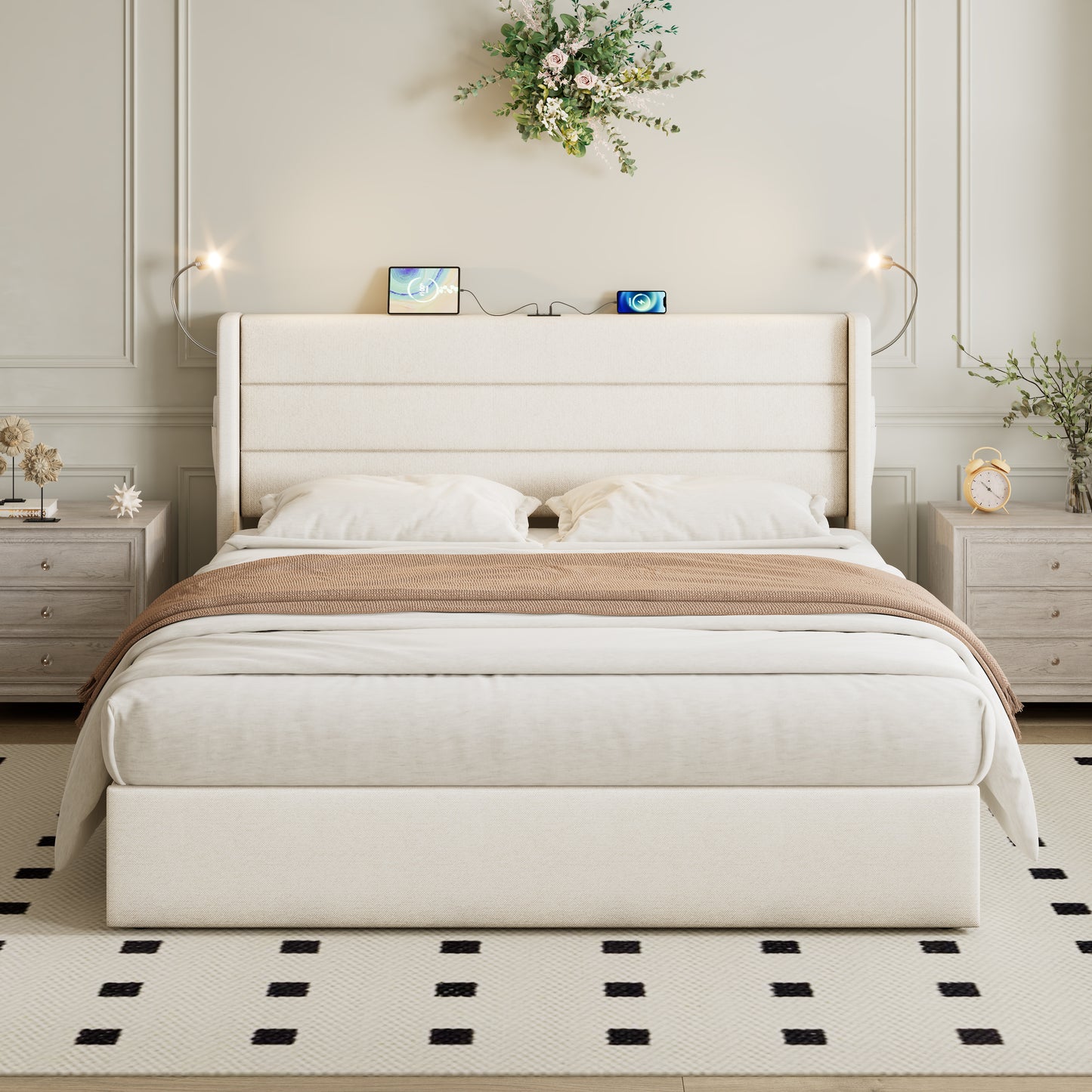King Upholstered Bed With Charging Station, Linen Hydraulic Storage Bed With Adjustable LED Reading Light, 5ft Double Bed With USB And Type - C Ports, Beige No Mattress