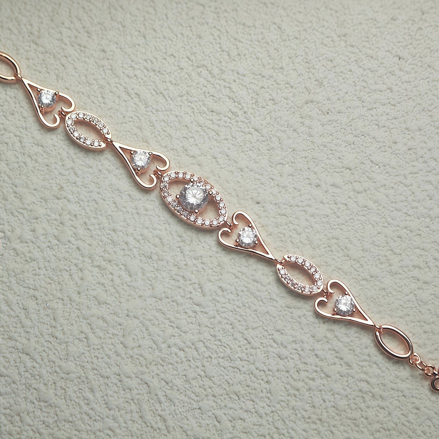 Rose Gold Heart & Oval Halo CZ Link Bracelet For Women, Copper Plated Silver Butterfly Decor Adjustable Extension Chain Dainty Wedding Party Crystal Jewelry Gift