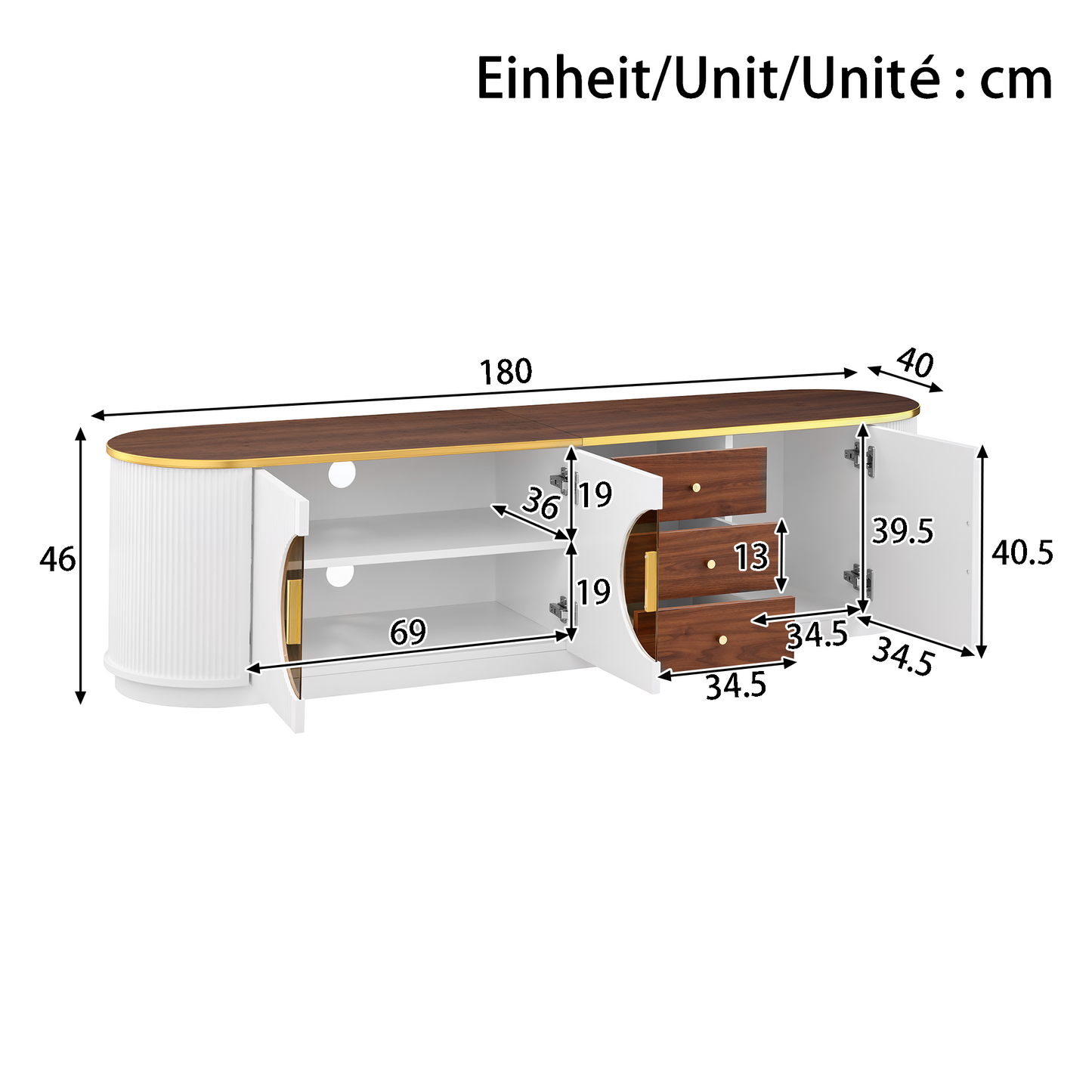 Luxury Style TV Cabinet, Lowboard, Amber Glass, MDF Body, Aluminum Handles, Rounded Edges, Vertical Groove Look