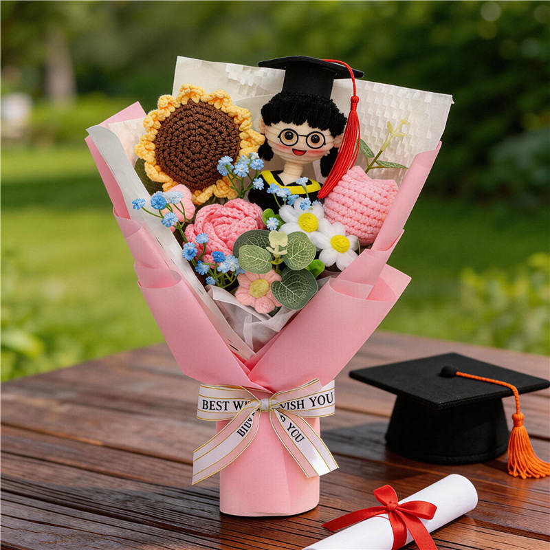 Graduation Hand Crochet Flower Bouquet , Knitted Roses & Sunflowers With Graduate Doll, Eternal Yarn Flower Gift For Graduation Presents Or Home Decor