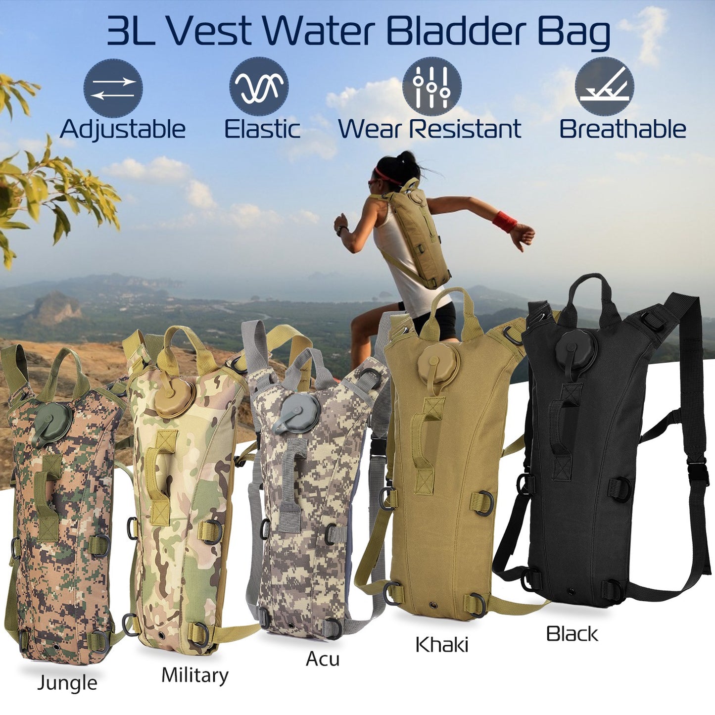 1Pc 3L Tactical Hydration Pack  Water Bladder Adjustable Water Drink Backpack For Hiking Cycling Climbing Running