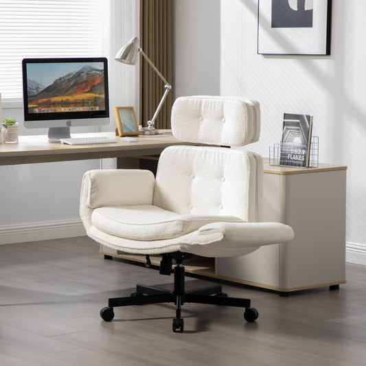 Criss Cross Chair With Adjustable Armrests & Wheels & Headrest, Lounge Vanity Desk Chair With Wide Seat For Cross-Legged Sitting, Swivel Task Office Chairs For Home, Makeup, Gaming, Office, Ivory