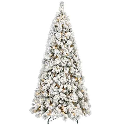 Artificial 8ft Flock LED-lit Christmas Tree With 1445PVC/Hard Needle Mixed Branch Tips,Hinged Premium & Foldable Base For Indoor Holiday Decorating
