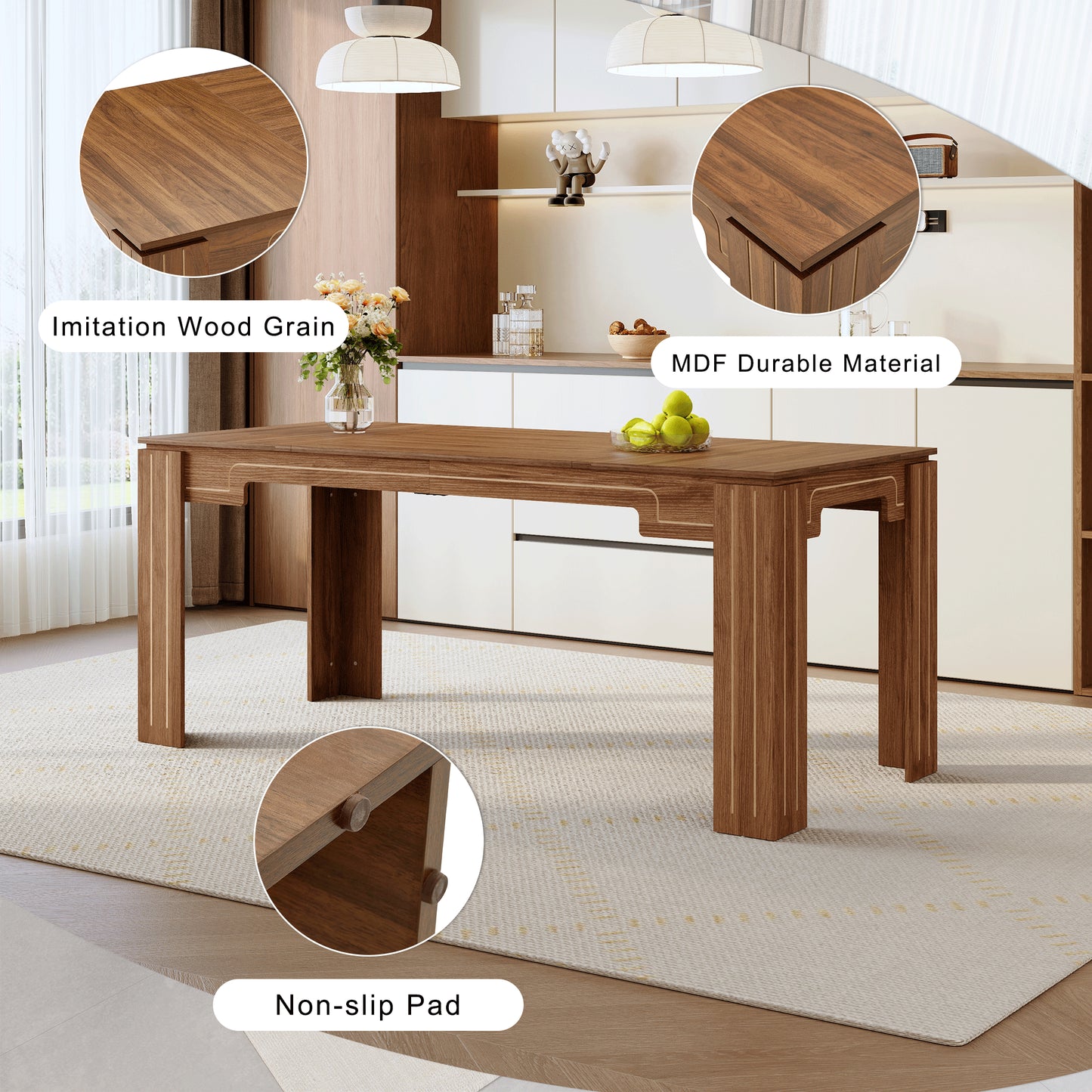 71 X 31.5 Inch Walnut MDF Spliced Tabletop Dining Table With Grooved Legs. Modern Luxury Home Dining Table, Suitable For 6-8 People. Flexible Adaptation To Dining Rooms, Living Rooms, Study Rooms,etc.