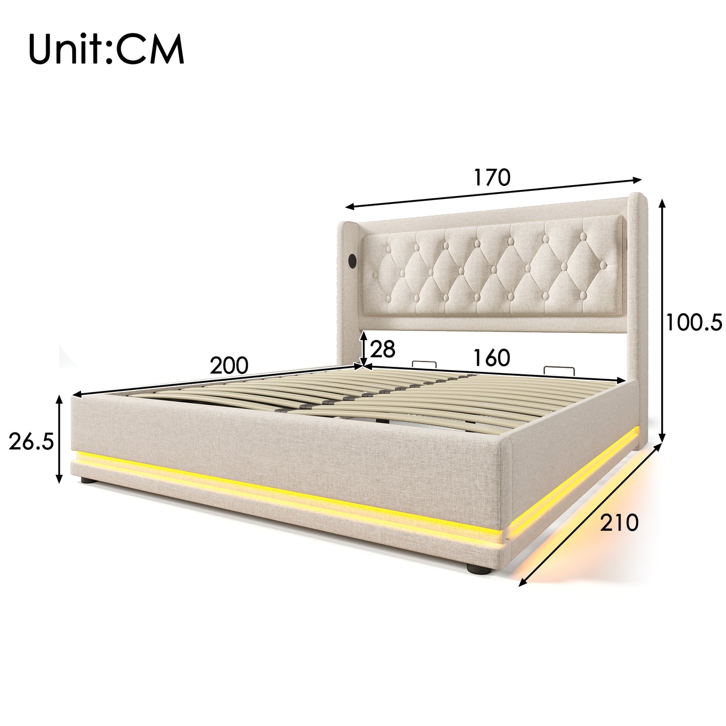 Sofa Bed Double Bed 160x200 Cm, Beige Cotton Material Hydraulic Storage Bed, Cushioned Headboard With USB Type-C Charging Function, 3-sided LED Function  Without Mattress