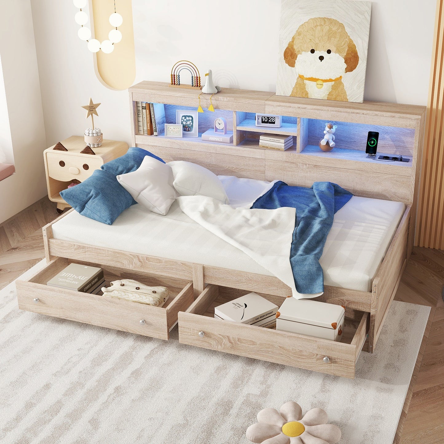 Daybed, 90x200cm Daybed, Sofa Bed, Bedside Table, Bed With 2 USB And 2 Charging Sockets, Ambient Lighting, Bed With Two Drawers, Bed With Slatted Base  Without Mattress , Chipboard, Natural
