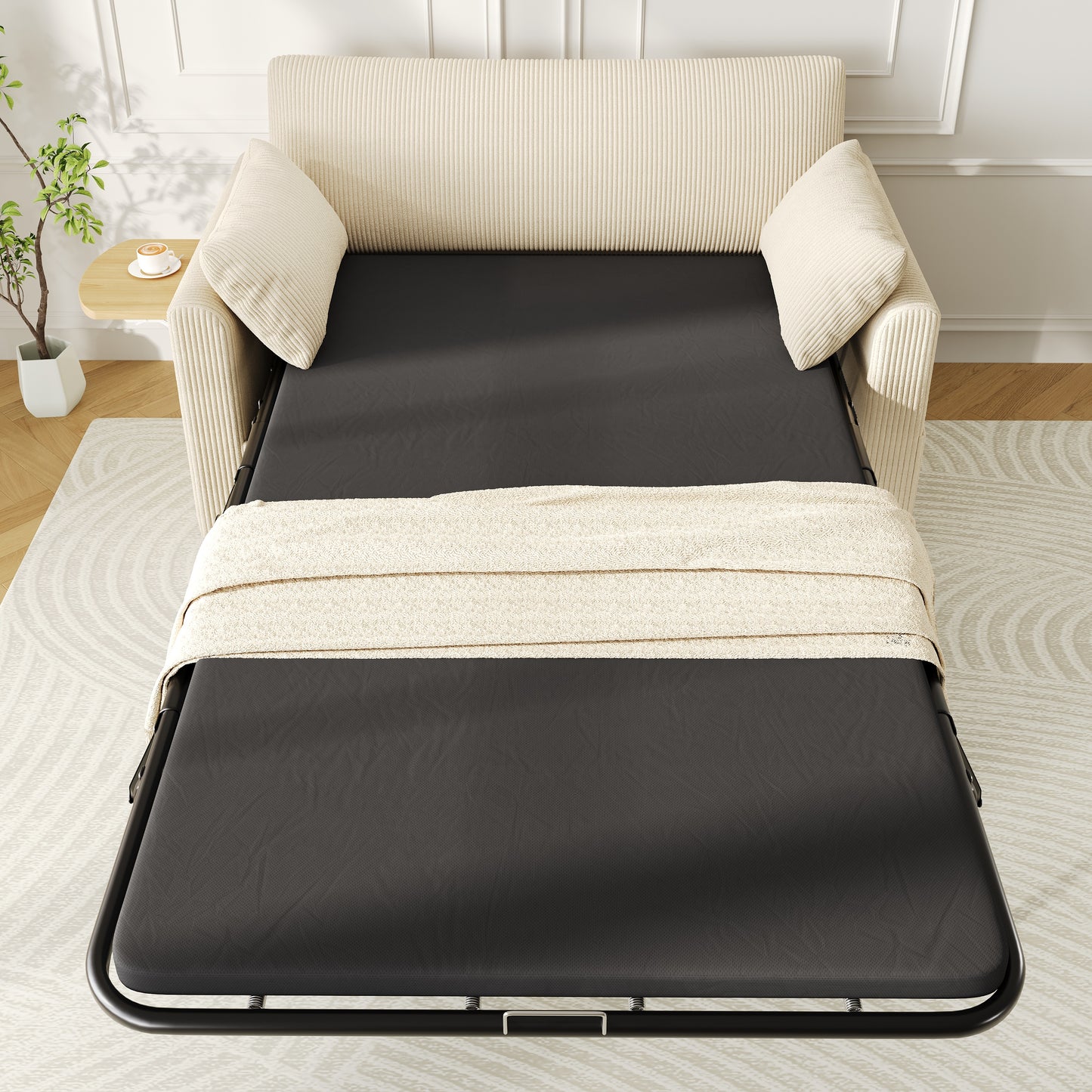 Pull-out 2-seater Sofa Bed With Sleeping Function, USB Charging Port, Folding Side Table, Mattress, Two Sheets And Two Pillows, Ideal For Living Rooms And Apartments, Beige.