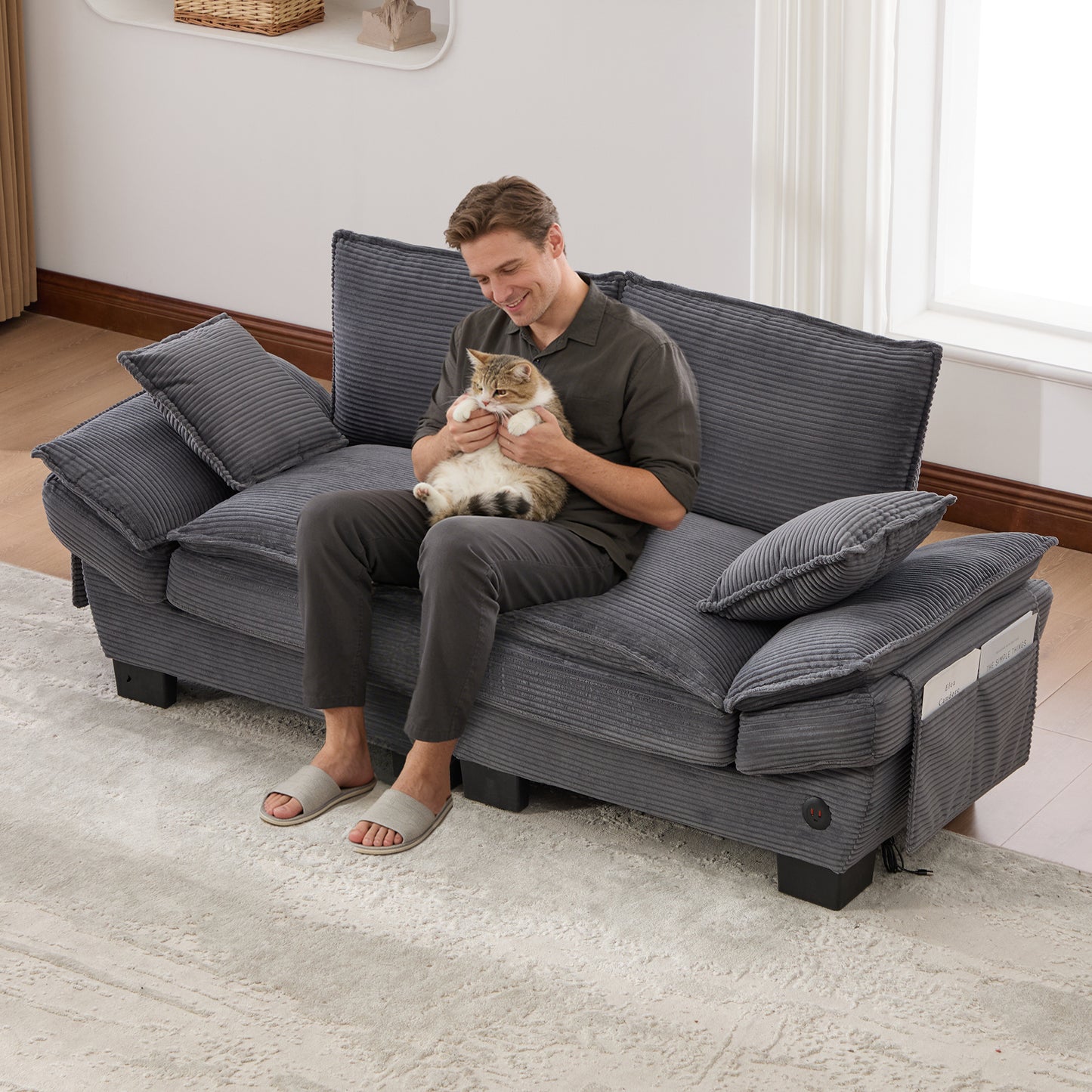 Modular Sofa With Wide Seat Surface For 2 People, Ergonomic Design, High-density Foam Cushioning, USB-C Port And Side Pockets. Ideal For Living Room, Office Or Lounge. Dark Gray