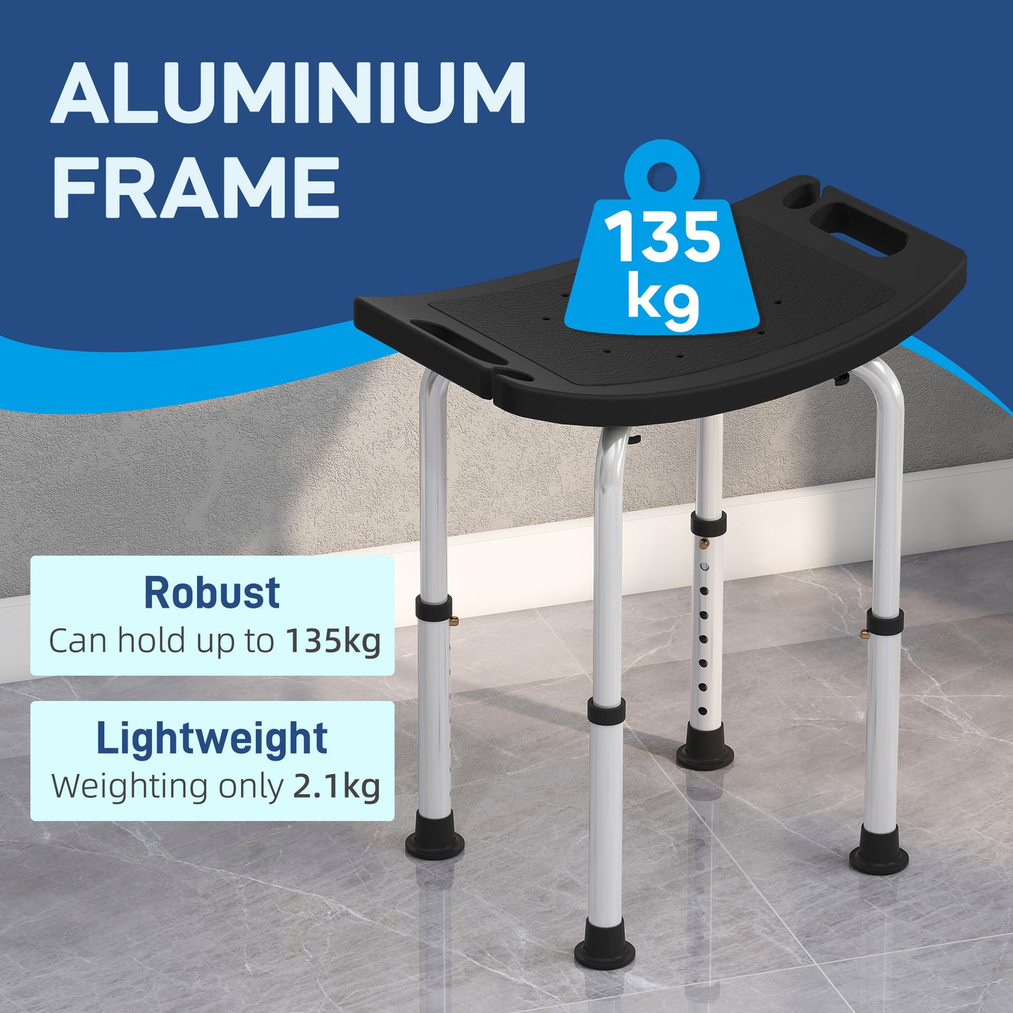 Height Adjustable Bath Stool, Aluminium Shower Stool With Non-Slip Pads For Elderly, Disabled, Seniors, Pregnant, Black