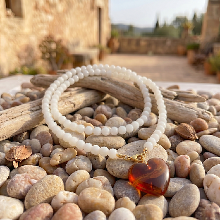 80cm Long Glass Bead Necklace For Women, 18K Gold Plated Stainless Steel Chain With Chunky Amber Brown Heart Pendant, Vintage Layering Jewelry Gift