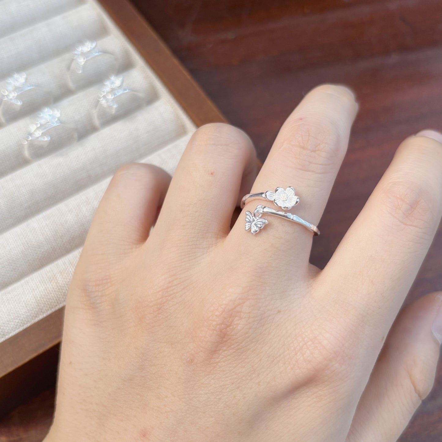 1pc 999 Sterling Silver Bamboo Flower And Butterfly Charm Open Ring, Fresh Style, Perfect For Daily Wear And Valentine's Gift