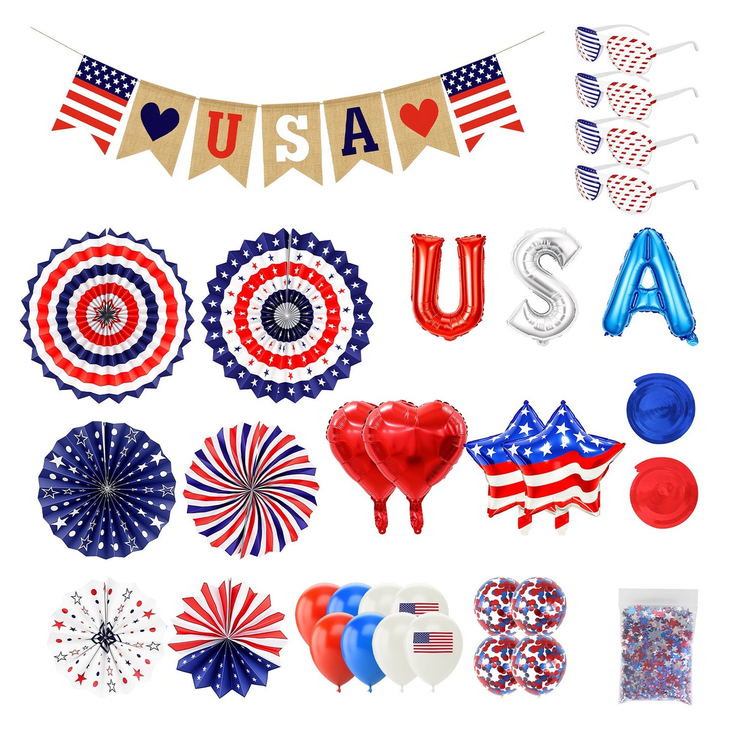 1Set 4th Of July Decorations Set,Patriotic Party Supplies With USA Foil Balloons Paper Fans Confetti Balloons Hanging Streamers Star Confetti Flags For Independence Day Memorial Day Veterans Day