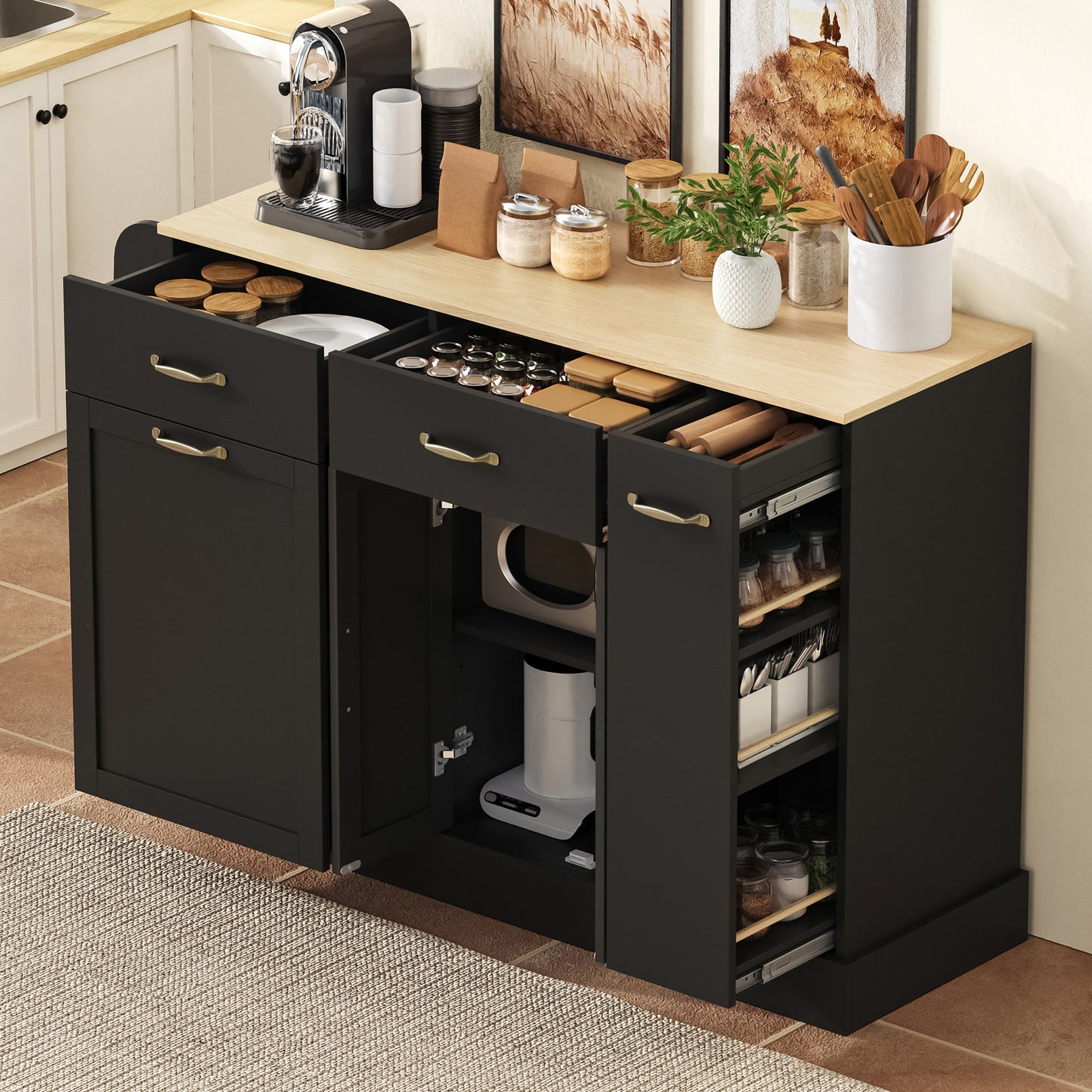 Modern Sideboard With Different Drawers, Buffet Cabinet With Waste Bin Compartment And External Spice Rack For Dining Room, Living Room And Kitchen  Black