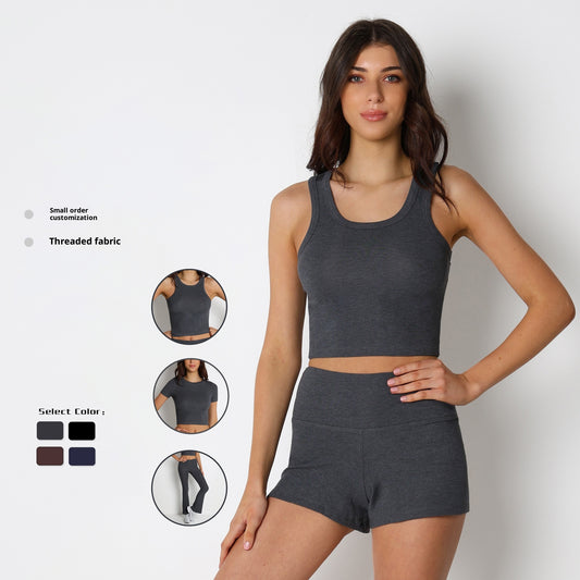 Thread Short Sleeve Slim Fit Breathable Bell-bottom Pants Fitness Yoga Wear