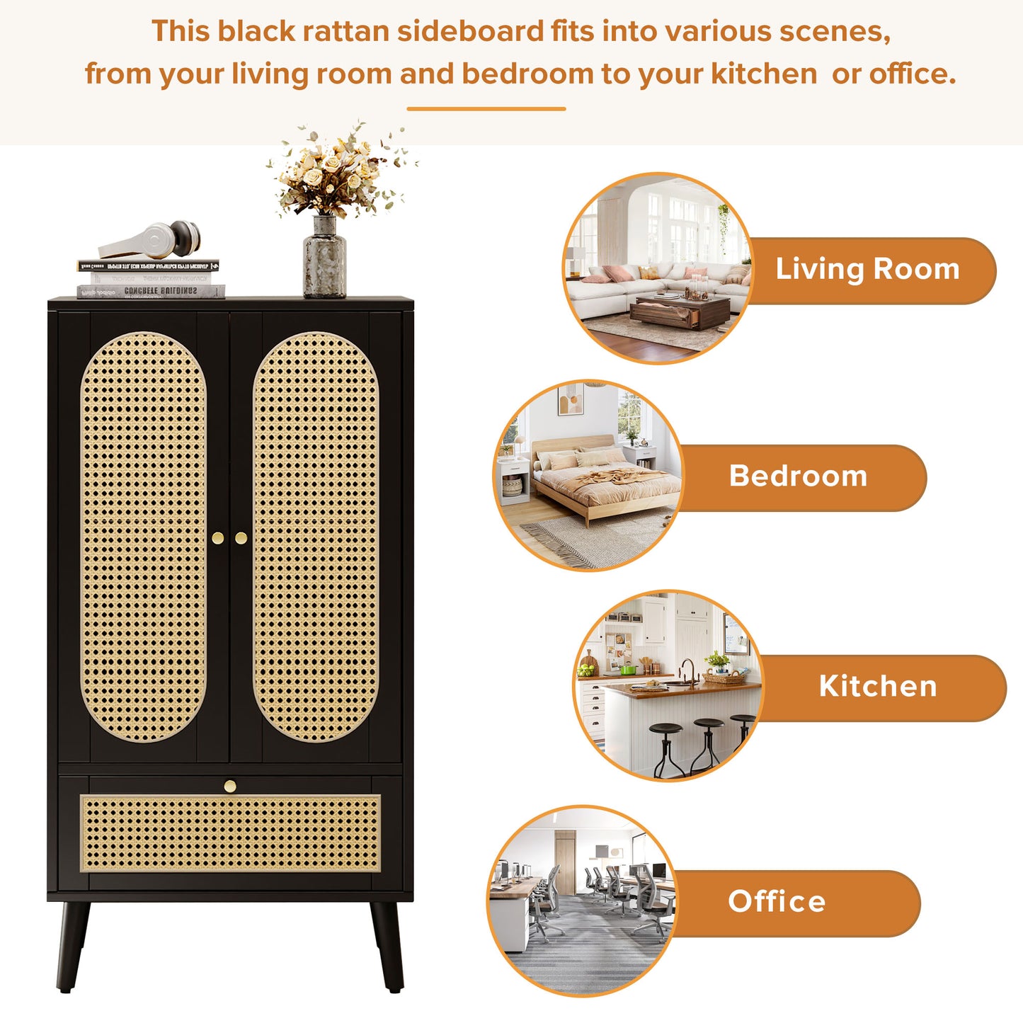 Compact Sideboard 1.1m, Rattan Design, Black, 2 Doors, 1 Drawer, Highboard, Dining Room Cabinet, Bookshelf - Versatile Storage Solutions