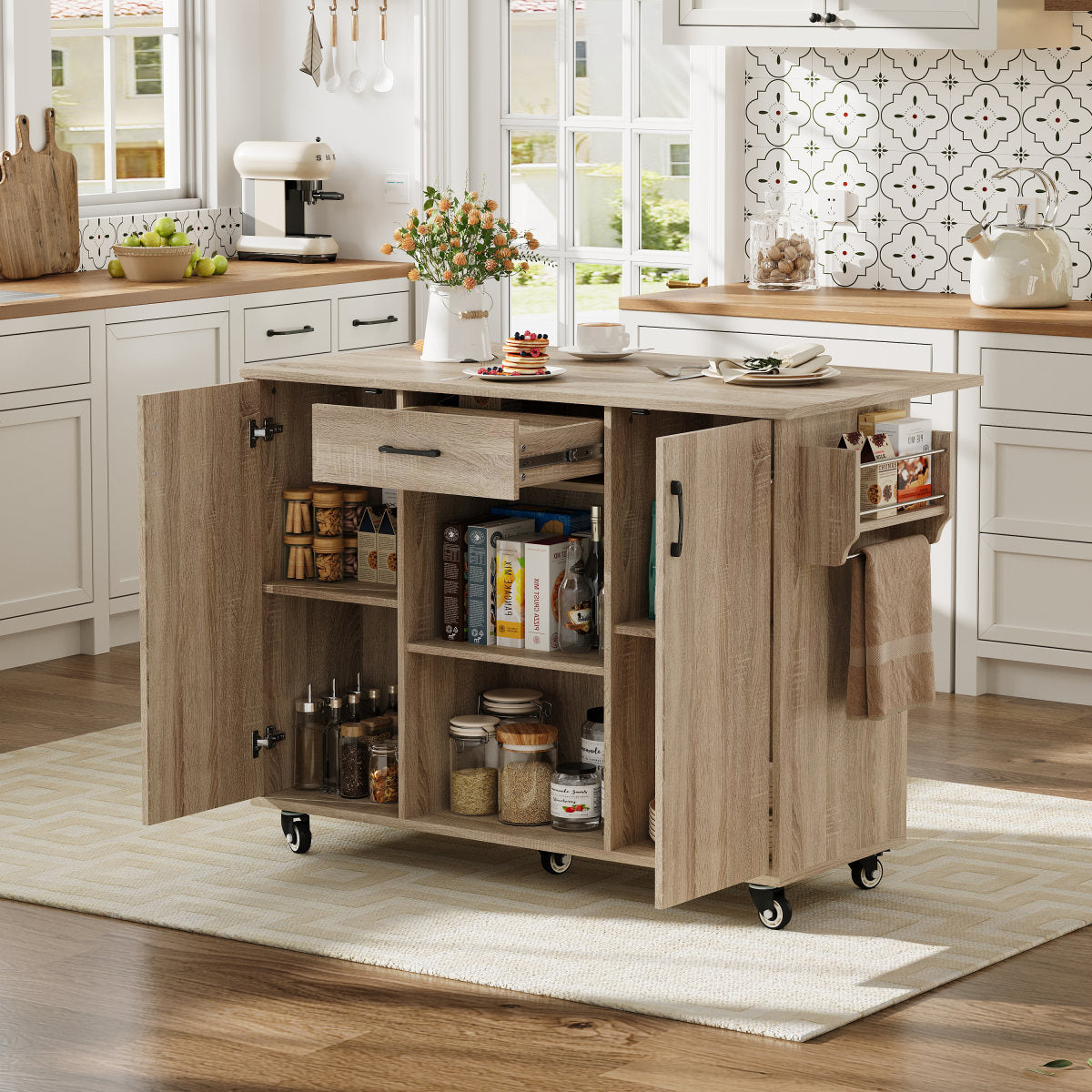 Kitchen Island, Kitchen Trolley With Folding Worktop, 120cm Mobile Kitchen Island On Wheels, Rollable Serving Trolley With Drawer & Cabinet, Sonoma Oak, 92.9x120x43.5cm