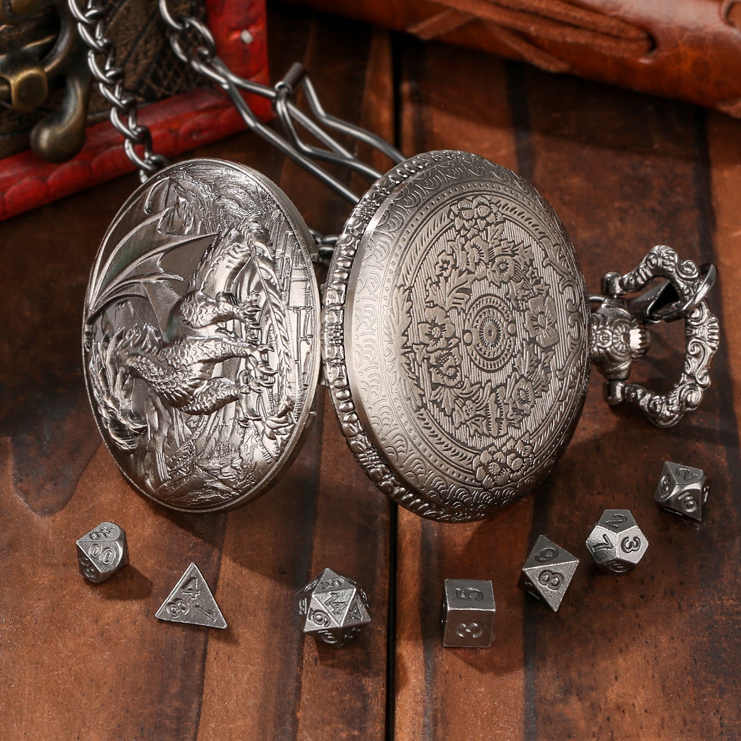 Dice Set With 3D Carved Pocket Watch, Equipped With 7-piece Polyhedral Metal Dice, Role-playing Game Accessories, Men's And Women's Birthday Gifts, Christmas Gifts, Family Gathering Tabletop Games