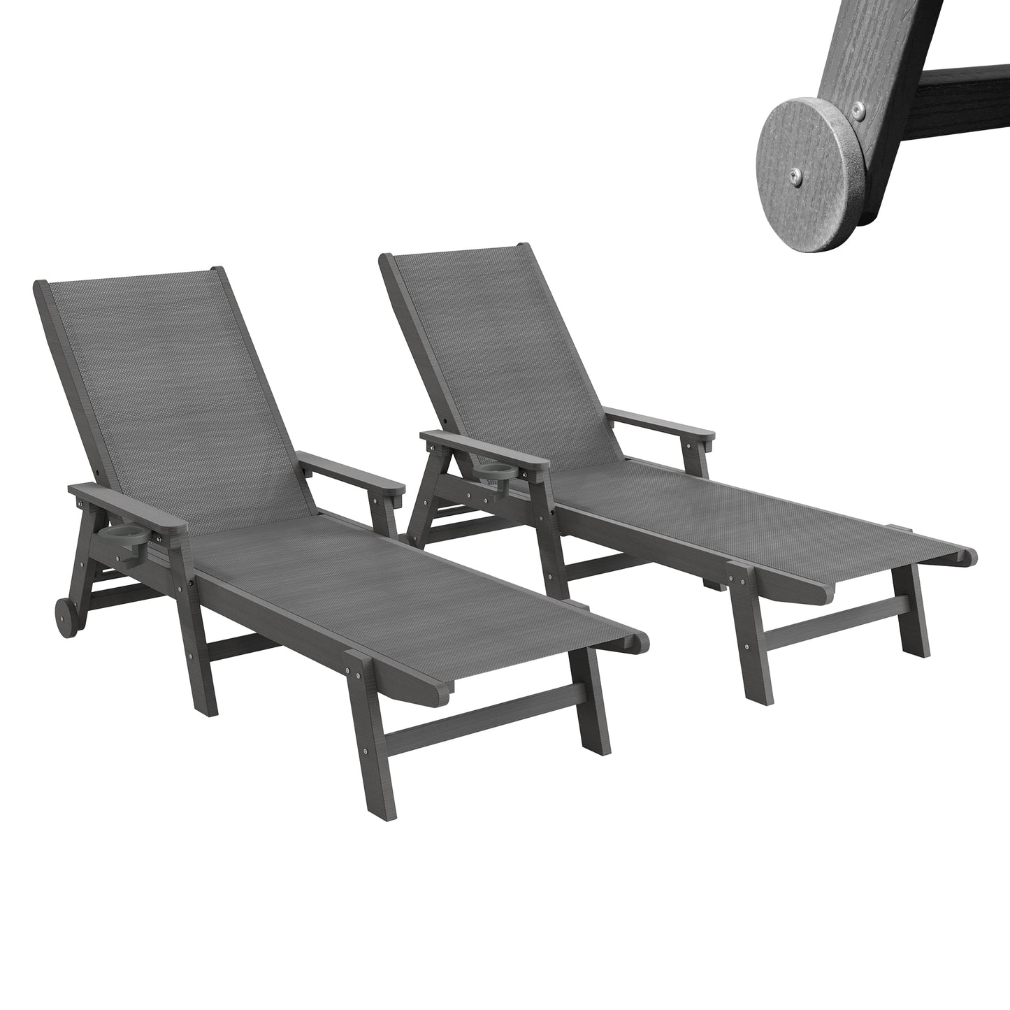 Outdoor Pool Lounge Chairs Set Of 2, HDPE Patio Lounge Chair With Wheels, Chaise Lounge Chair For Pool, Sunbathing Tanning, Lawn, Dark Grey