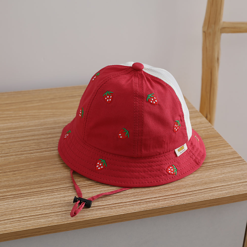 Single-color Strawberry Embroidery Adjustable Patchwork Netting Breathable And Cool Fashion Children's Fisherman Hat For Outdoor Travel And Play