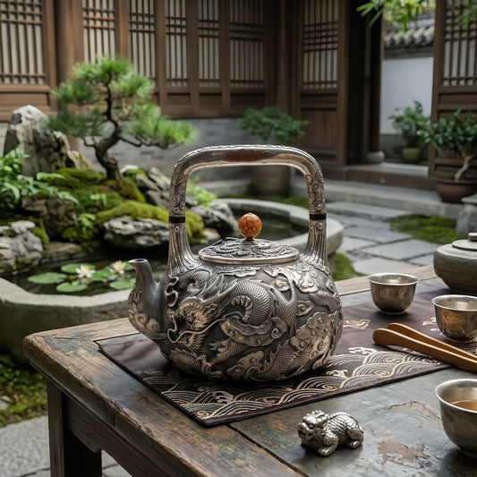 925 Sterling Silver Exquisite Silver Dragon Tea Kettle with Intricate Cloud Relief and Amber Finial - Handicraft