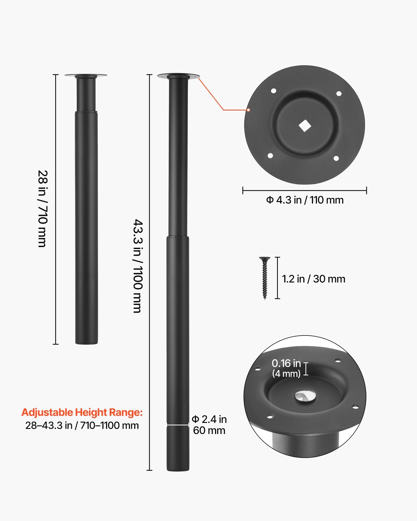 Adjustable Table Legs, 28-43.3 In Steel Furniture Legs, 1200 Lbs Max Load Heavy Duty, Quick Installation, Ideal For Home Office Desk DIY, Coffee Dinner Bar Tables, Workbenches, Set Of 4, Black