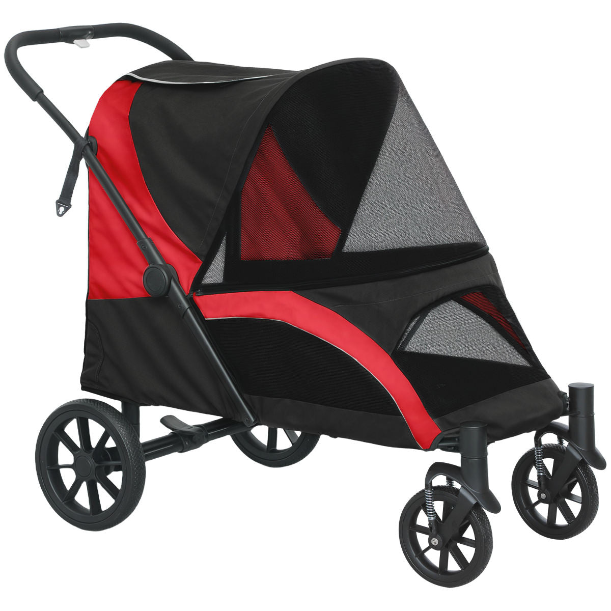 PawHut Foldable Pet Stroller For Large Dogs With Four Big Wheels, Shock-Absorbing Frame, Safety Leashes, Brakes, RedBlack