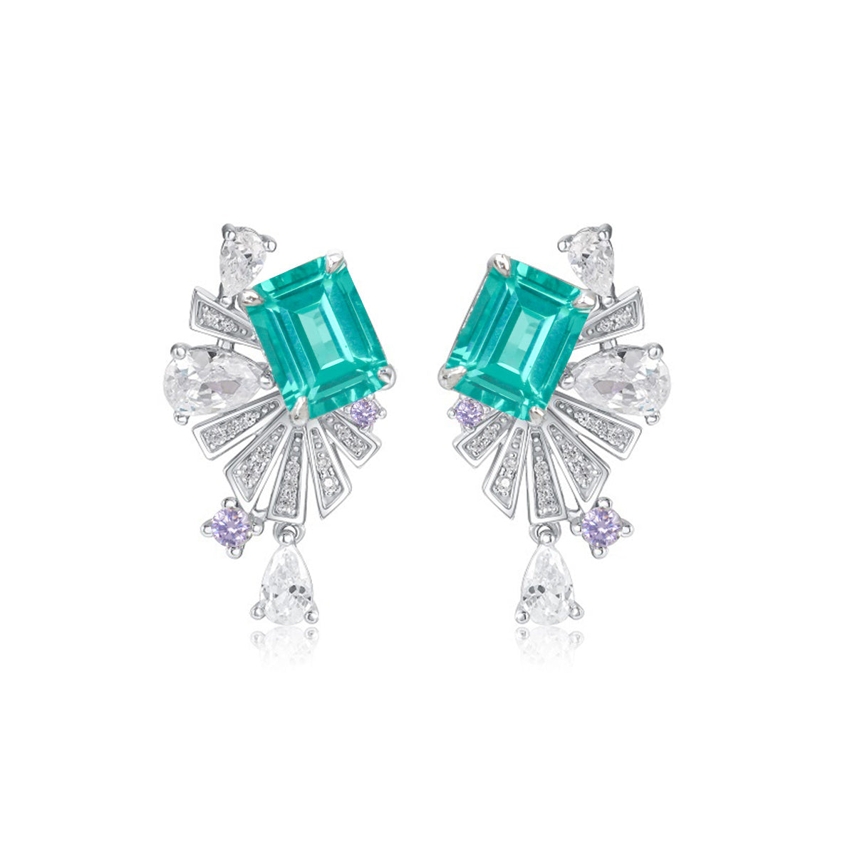 S925 Sterling Silver Art Deco Fan Drop Earrings, 8x6mm Lab-Grown Ruby Emerald Paraiba & Blue Diamond, Platinum Plated 5g Women's Fine Jewelry Gift Box