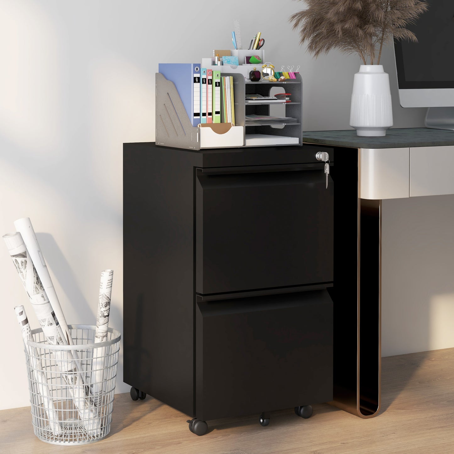 Vinsetto 2-Drawer Mobile Filing Cabinet, Steel Lockable File Cabinet For Letter, A4 And Legal Size, Pre-Assembled Body, Black