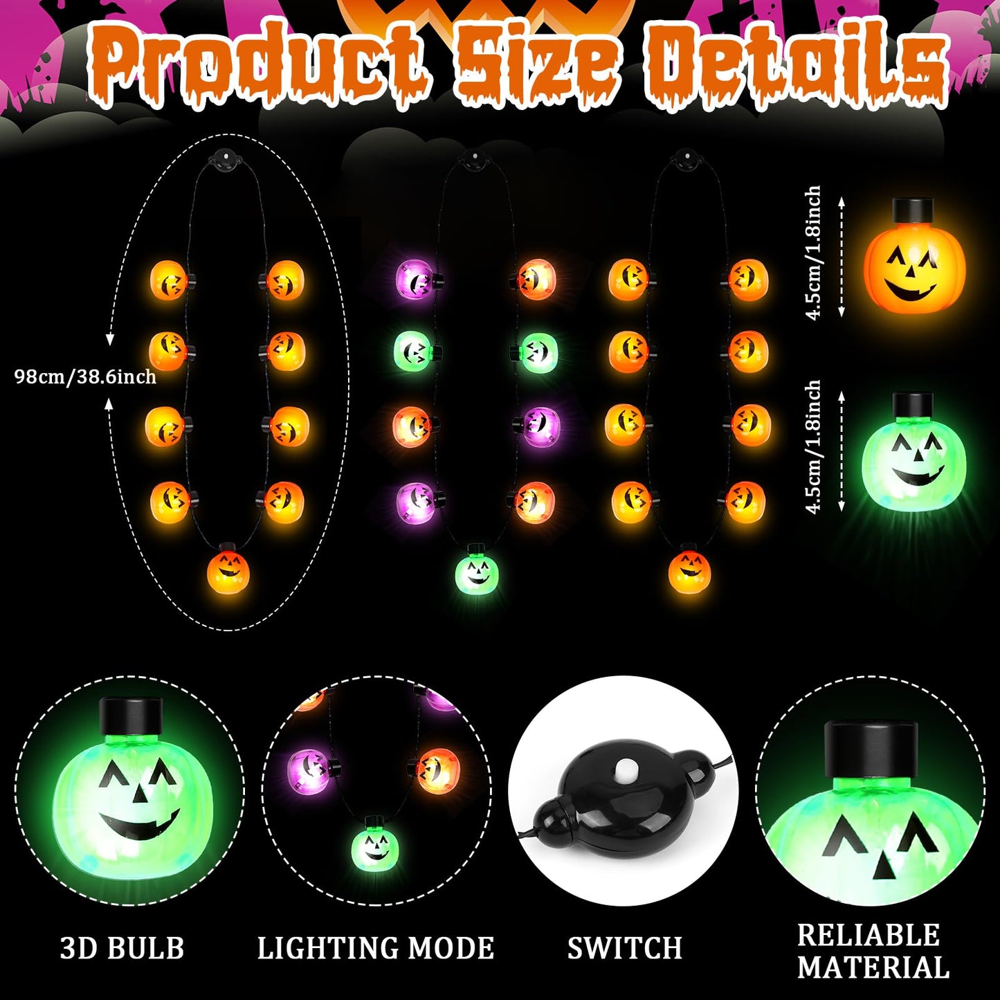 3PCS Halloween Light Up Necklaces, Pumpkin Shaped LED Necklace Halloween Eve Costume Party Accessories 3D Necklace Halloween Accessories For Halloween Party Favors And Supplies