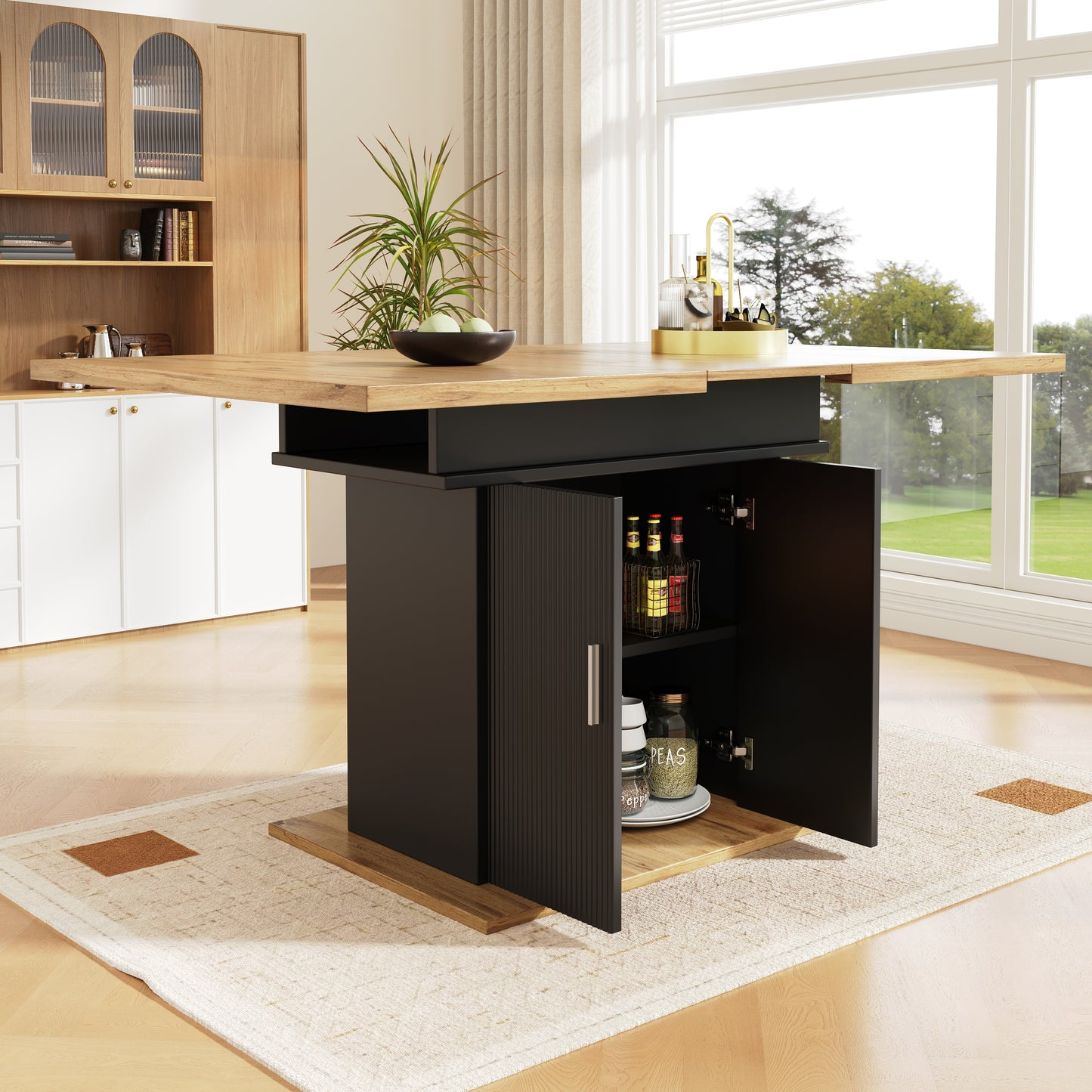 Telescopic Dining Table  140x70cm , Extendable Dining Table With Shelf Area,Space-Saving Kitchen Table,Dining Table With Three Shelves,Extendable Dining Table,for Kitchen And Living Room,Natural Black
