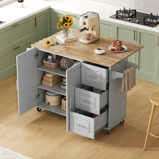 L137xW43xH92cm Large Mobile Kitchen Table, Oak Countertop, Folding Design, Multifunctional Cabinet, 3 Drawers, Towel Rail, Suitable For Kitchen, Dining Room, Home