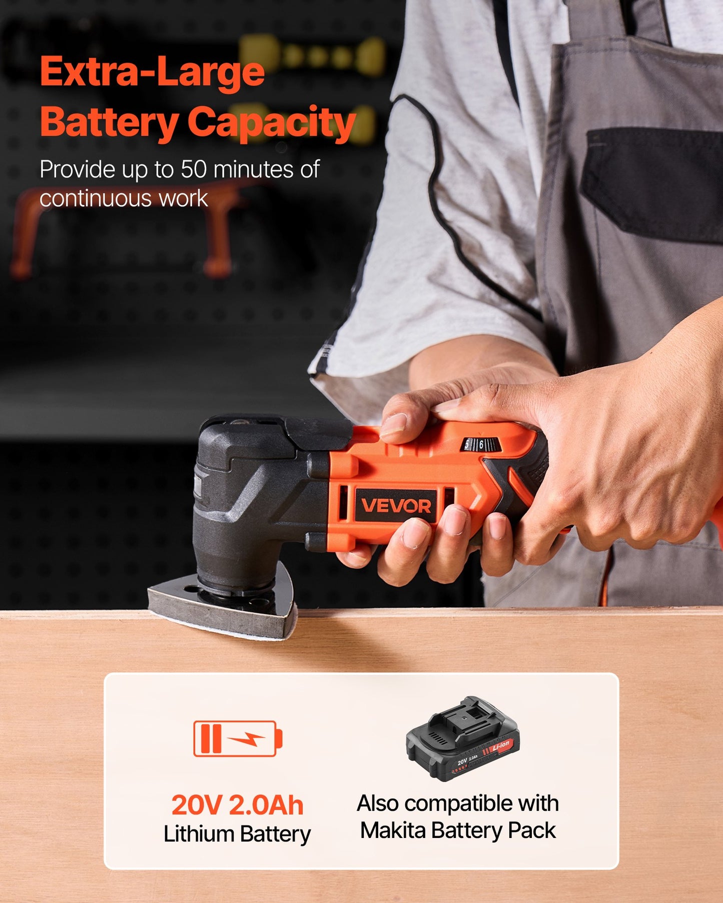 Cordless Oscillating Tool, 20V Oscillating Multi Tool Kit With 6 Variable Speeds 8500 - 17000 OPM, 3.2° Oscillation Angle, 2.0Ah Battery Pack & Charger, 12PCS Saw Accessories & LED Work Light