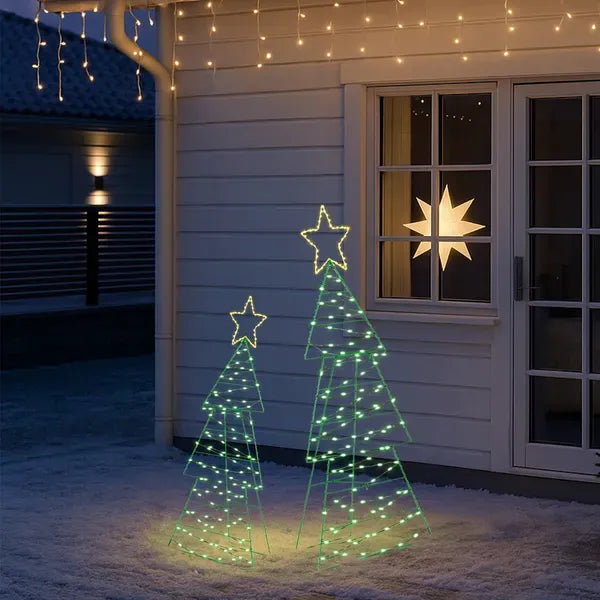 Set Of 2 Lighted Metal Christmas Tree Yard Decorations, Pre-lit Holiday Decor With 150 Green And Warm White LED Lights For Xmas Outdoor Indoor Decor Lighted Holiday Displays