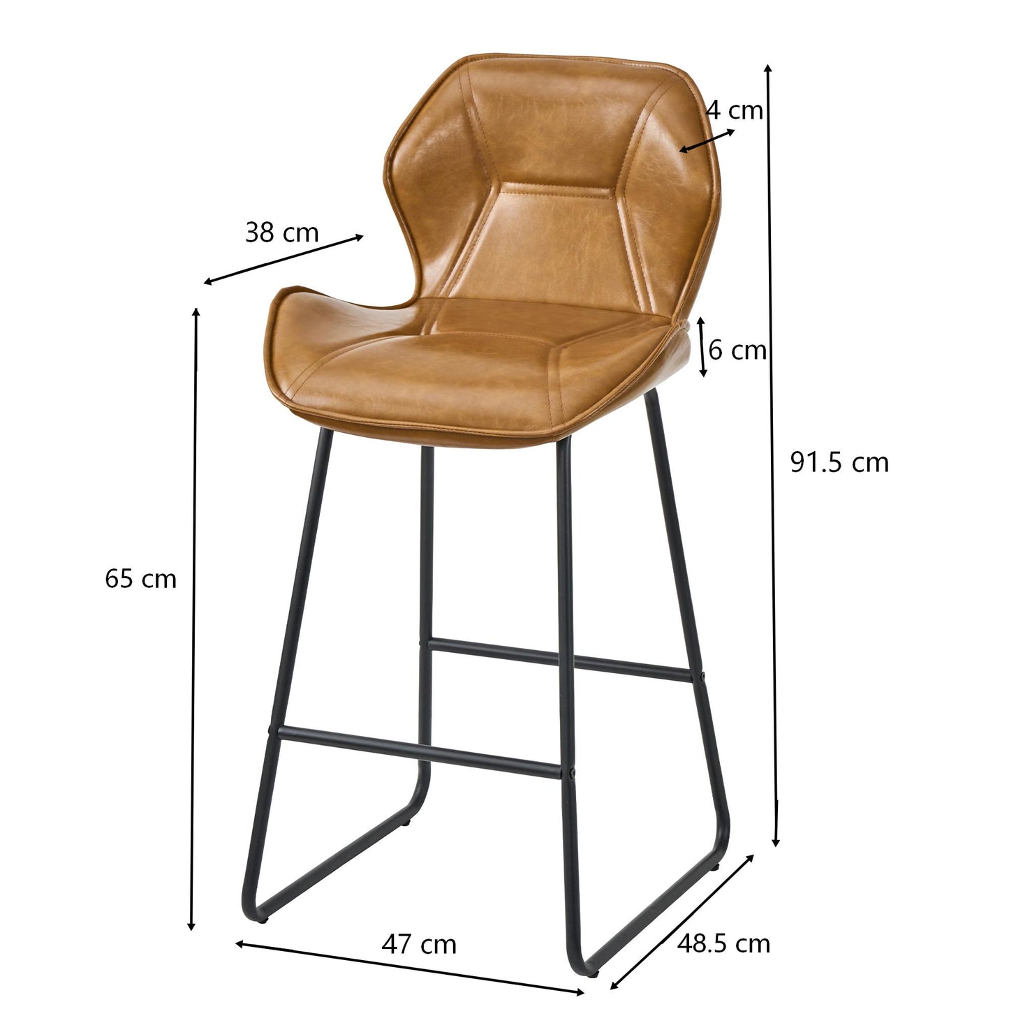Set Of 2 Bar Stools Made Of Imitation Leather, Modern Bar Stools With Backrest, Metal Frame And Footrest, For Kitchen, Counter, Home Bar And Dining Area, Cognac Brown