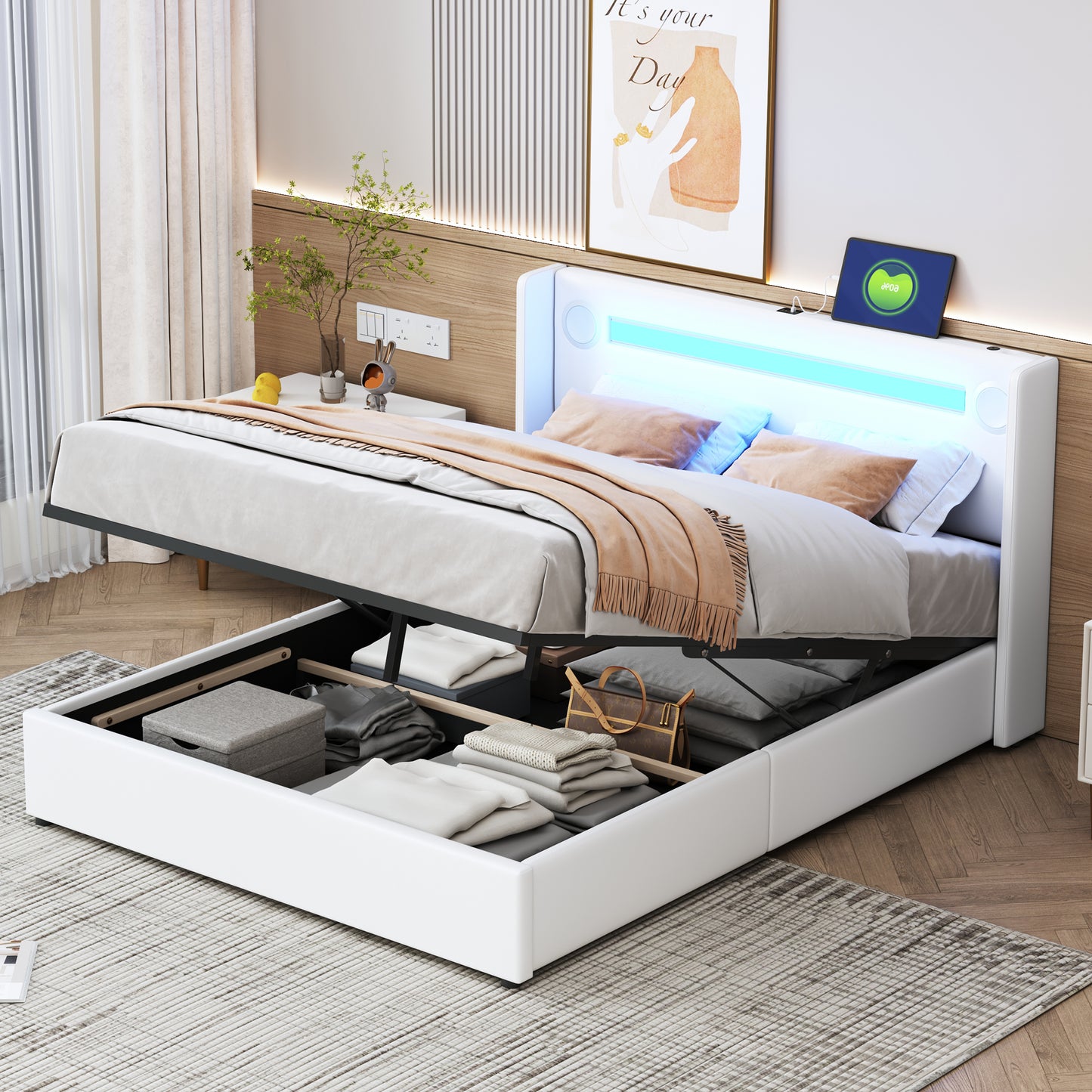 Upholstered Bed 140x200 Bed With LED Light Strip, Bluetooth Player And USB Charging, Storage Bed Made Of PU Leather, Loft Bed Box, Double Bed With Slatted Base White