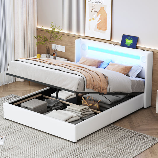 Upholstered Bed 140x200 Bed With LED Light Strip, Bluetooth Player And USB Charging, Storage Bed Made Of PU Leather, Loft Bed Box, Double Bed With Slatted Base White