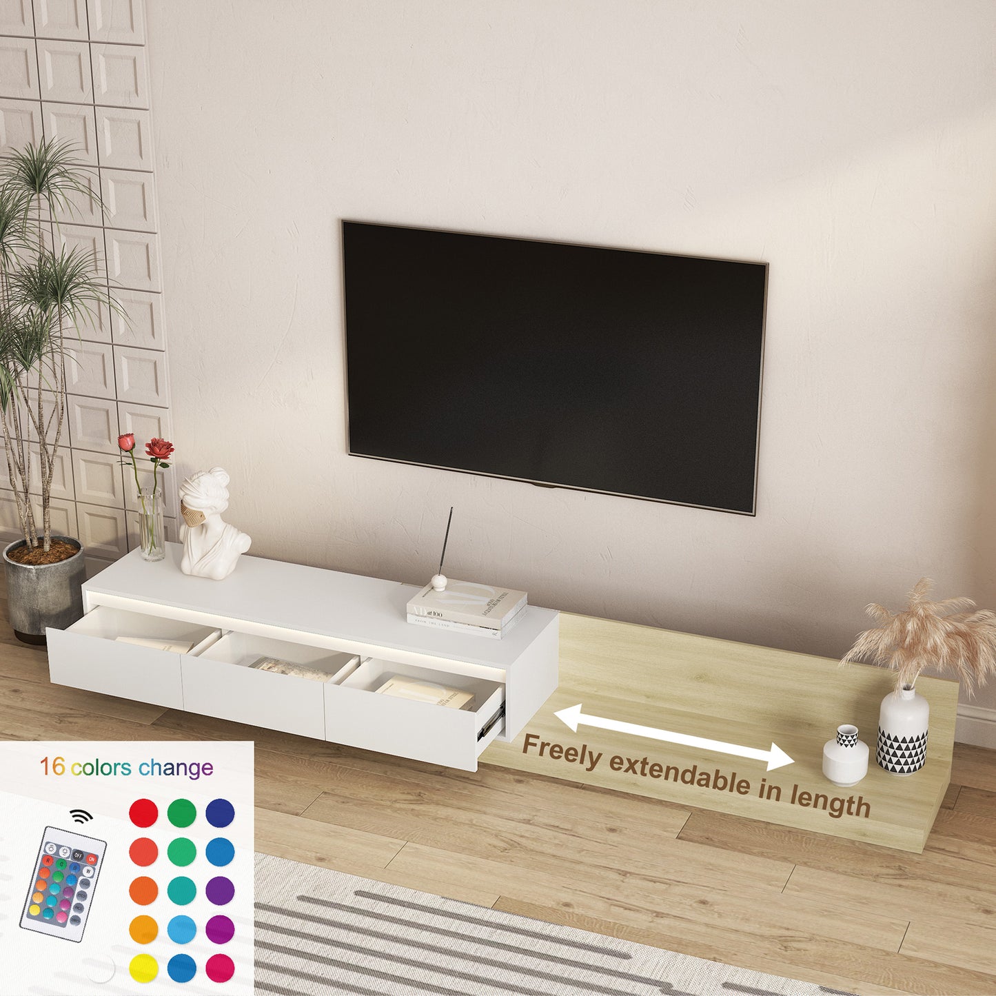 Modern TV Stand With LED Lights , Entertainment Center Wooden TV Stand, TV Stand Desk Media Cabinet With Storage For Living Room Bedroom