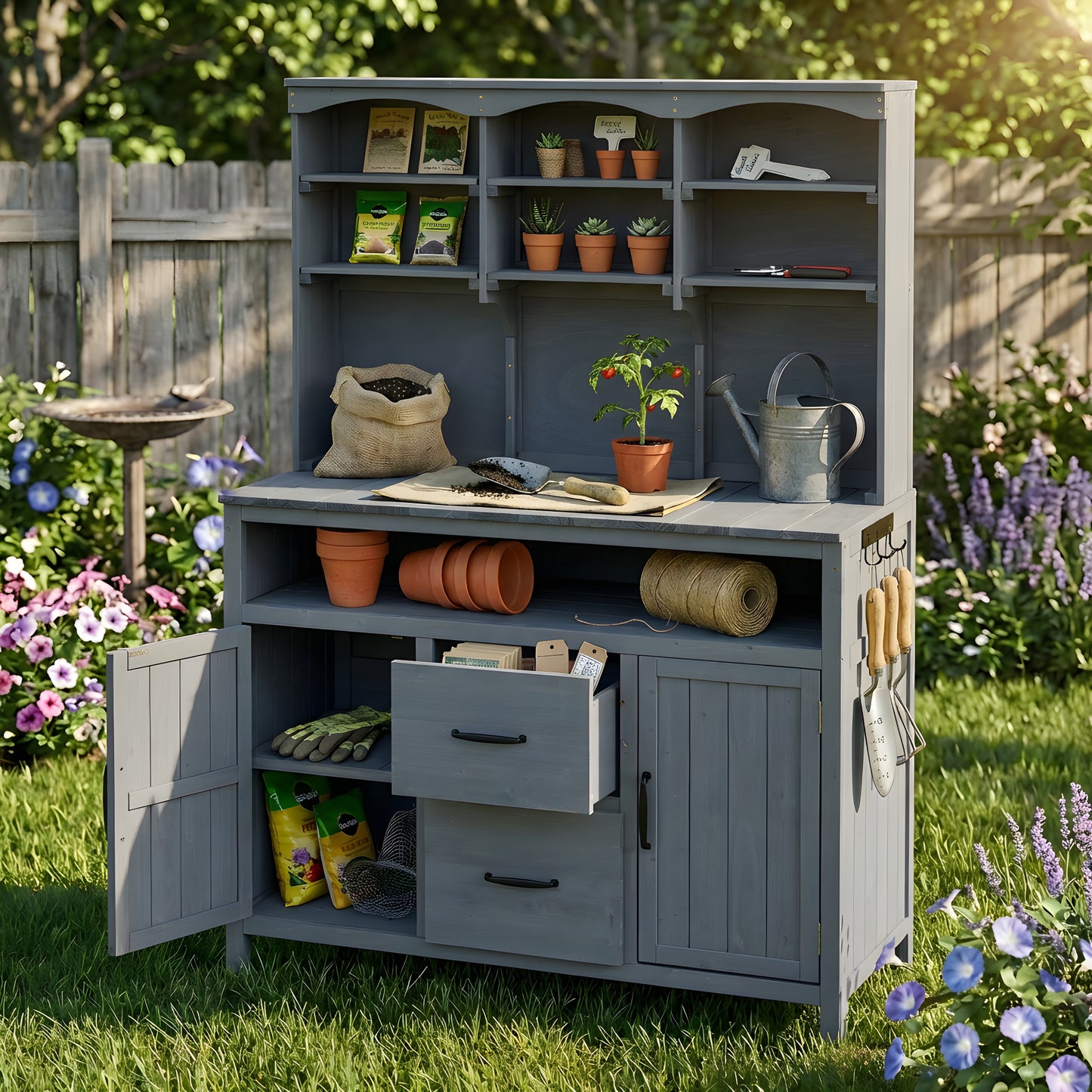 With Assembly Video TOPMAx Large Fir Wood Potting Bench  45.3 L Multi- Functional Outdoor Patio Kitchen Island With Hutch  Cabinets  Drawers & Hooks   Large Countertop For Gardening  Grill  Gray