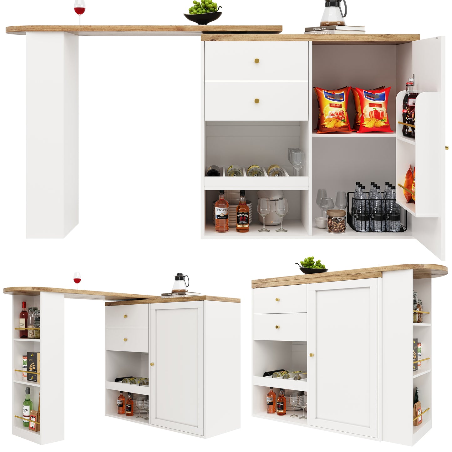 Swivel Bar Table  Main Body 105 X 39 X 102 Cm , With 2 Drawers And Sliding Door Cabinet, 3 Levels Of Open Storage, Suitable For Dining Room Study Living Room, Etc