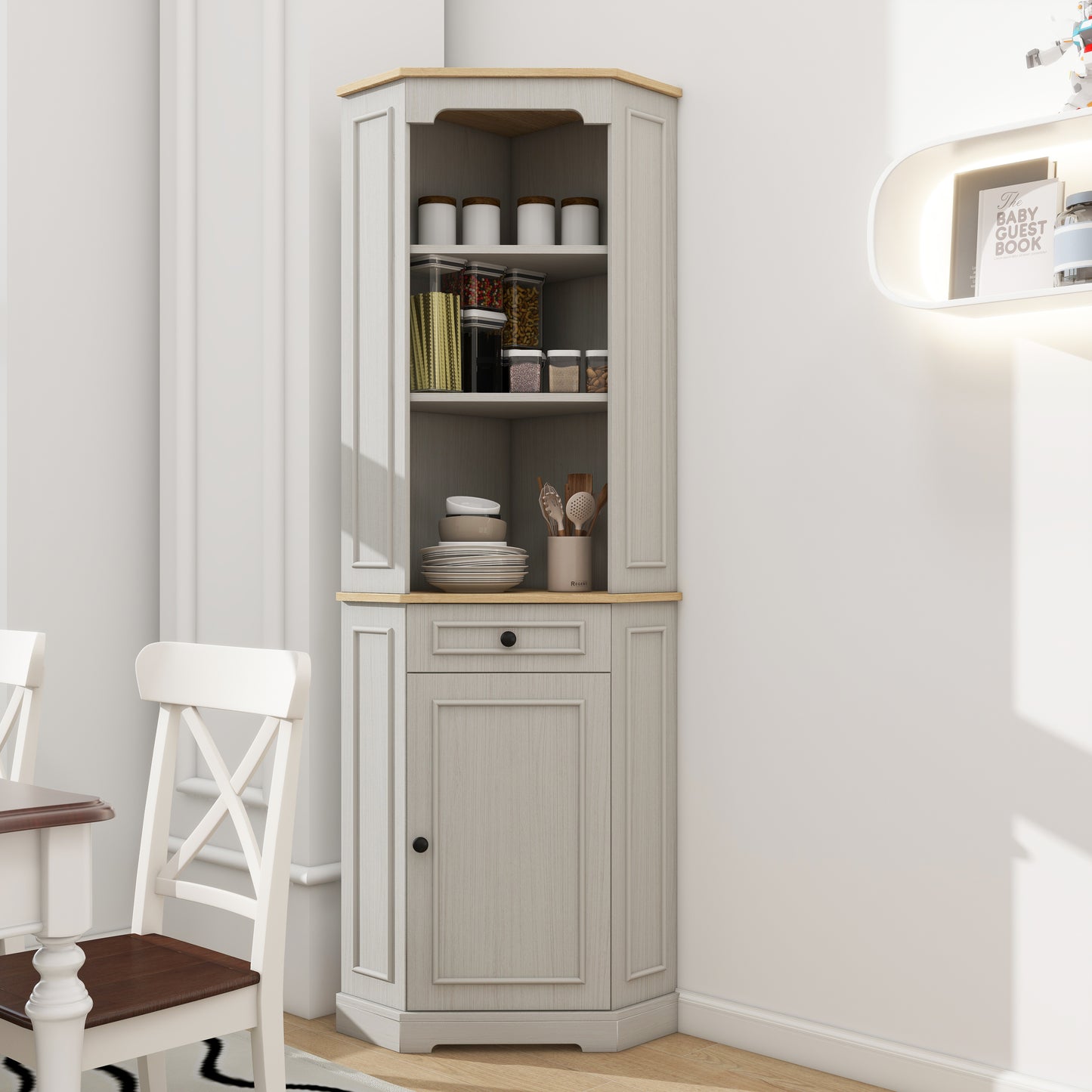 68  Tall Corner Cabinet, Freestanding Corner Storage Cabinet With 1 Door, 1 Drawer And A Adjustable Shelf, Farmhouse Bar Storage Cabinet For Living Room, Dining Room, Kitchen, Bathroom-Antique White