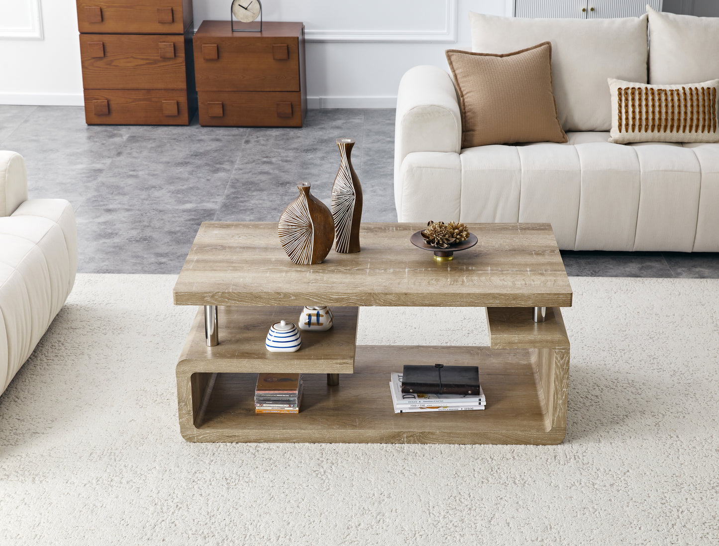 MDF Coffee Table With Carved Knife Wood Grain, Multi-Storage Open Compartments Coffee Table For Living Room Office Modern Home Decor