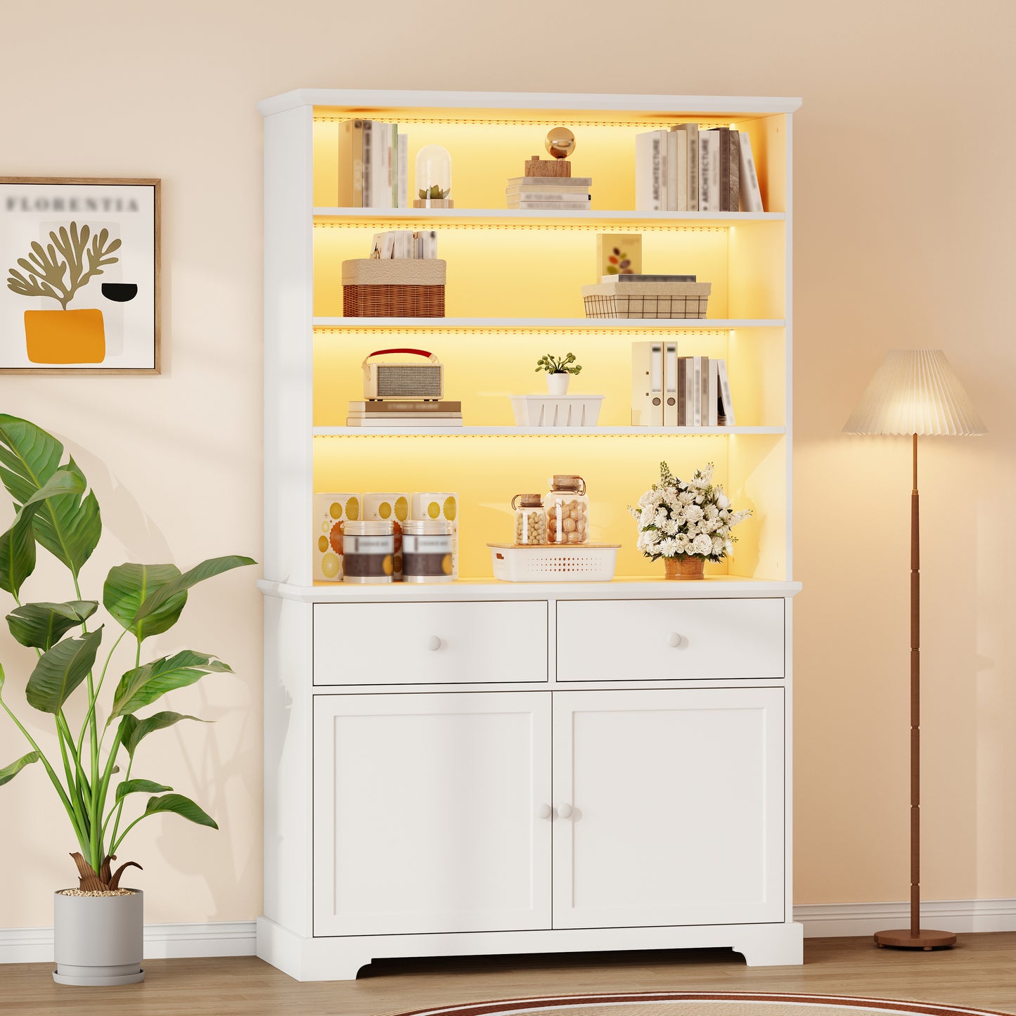 Display Cabinet, Freestanding Display Cabinet With 2 Cabinet Doors, Glass Display Cabinet With LED Lighting, Living Room Cabinet  Wide, Multifunctional Cabinet With 2 Drawers,