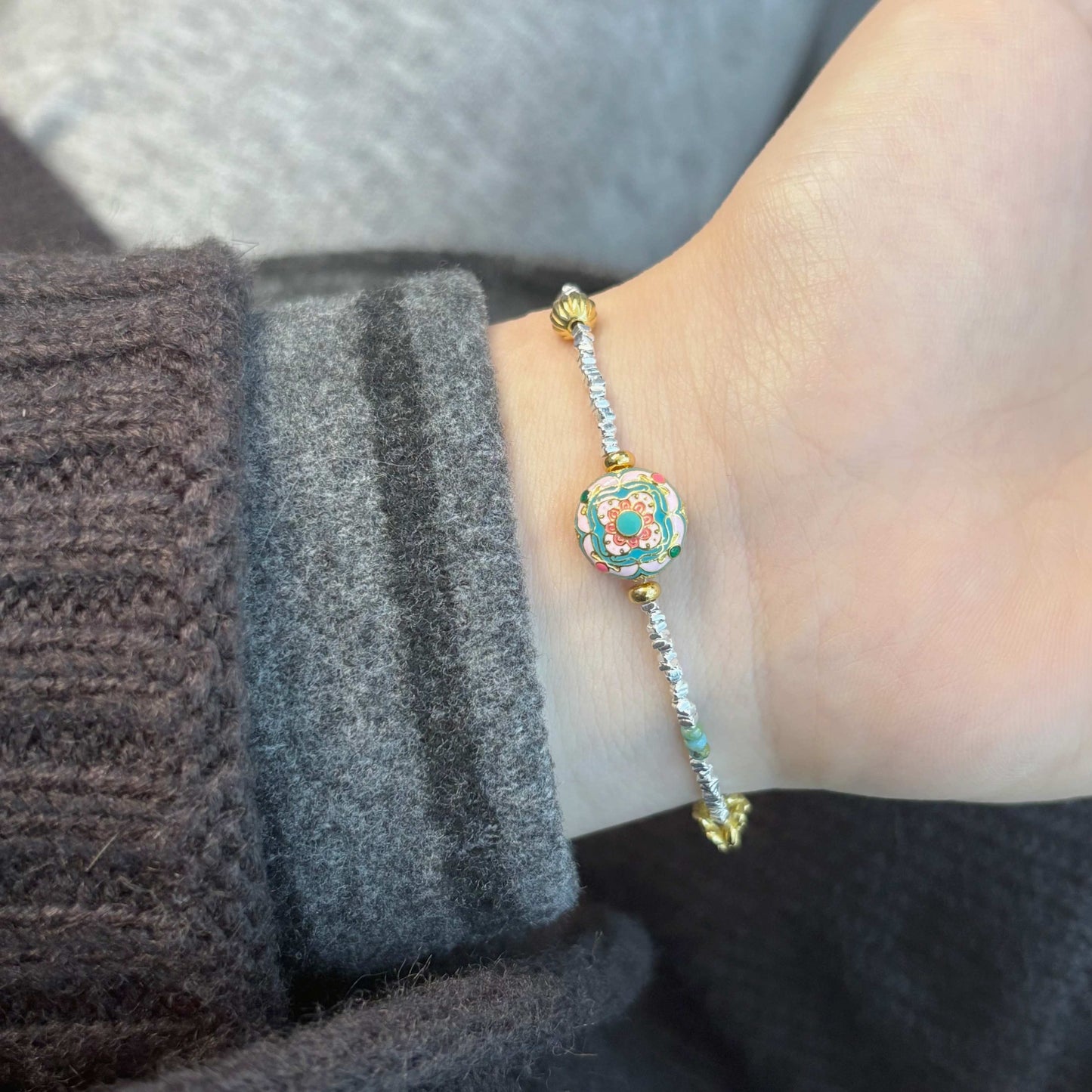 1pc 999 Sterling Silver Enamel Charm Bracelet, Chinese Style, Perfect For Daily Wear And Valentine's Gift