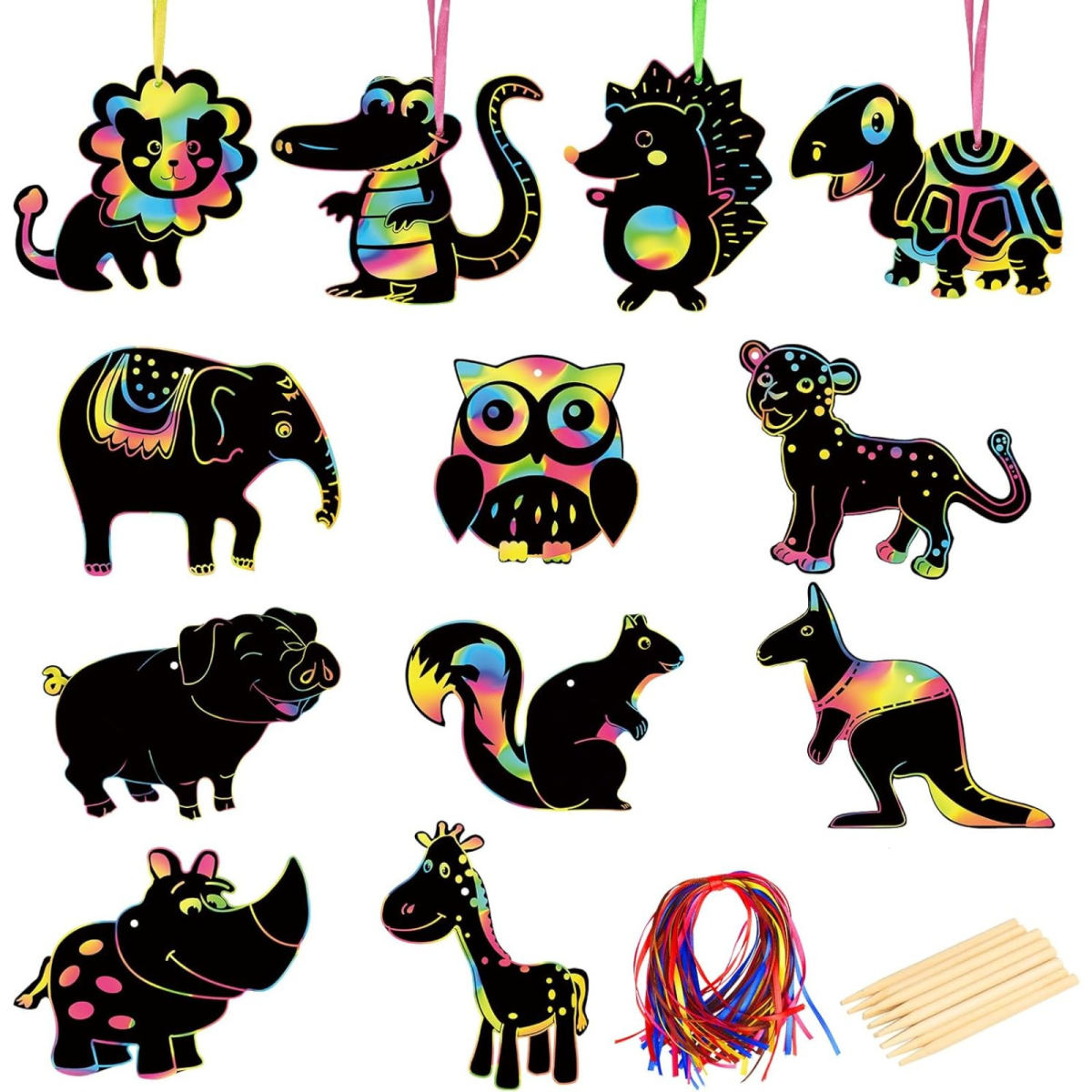 110-Piece Scratch Art Set: Animals—48 Designs With 12 Wooden Sticks & 50 Ribbons—Creative DIY Painting And Craft Set—Party Supplies Set