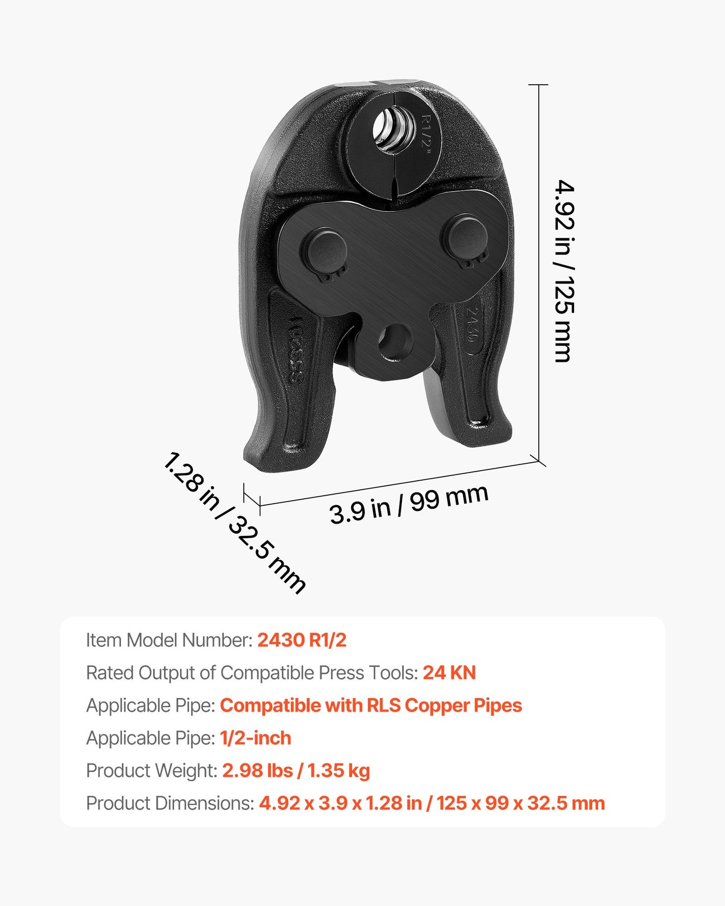 1/2" Press Jaw For Compact Series Press Tools, 52 HRC Hardened Steel Pressing Jaw For High Pressure HVAC/R Applications - Compatible With 24KN Press Tools For RLS Copper Pipes Connections