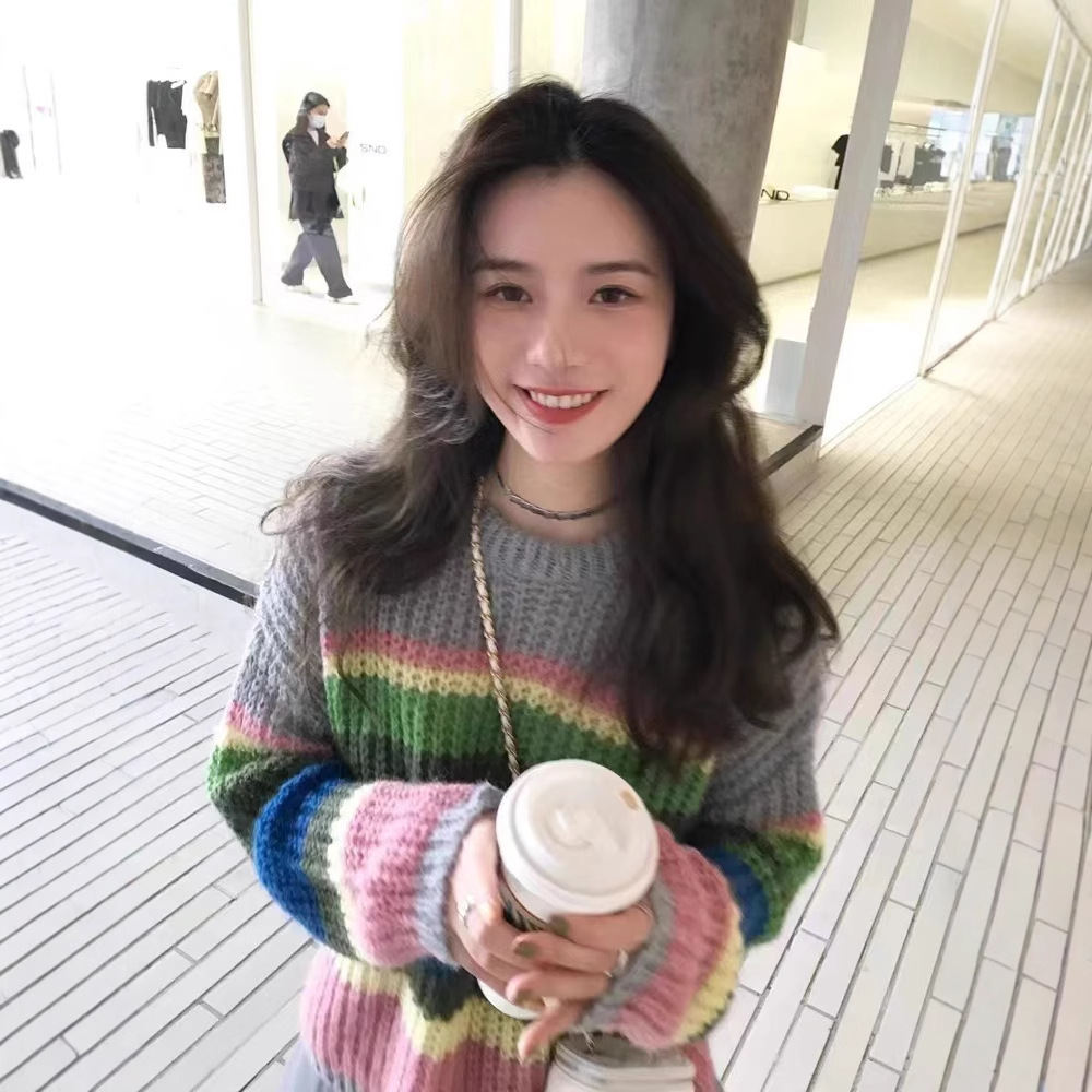 Korean Spring Limited Rainbow Mohair Striped Sweater Loose Outerwear Top