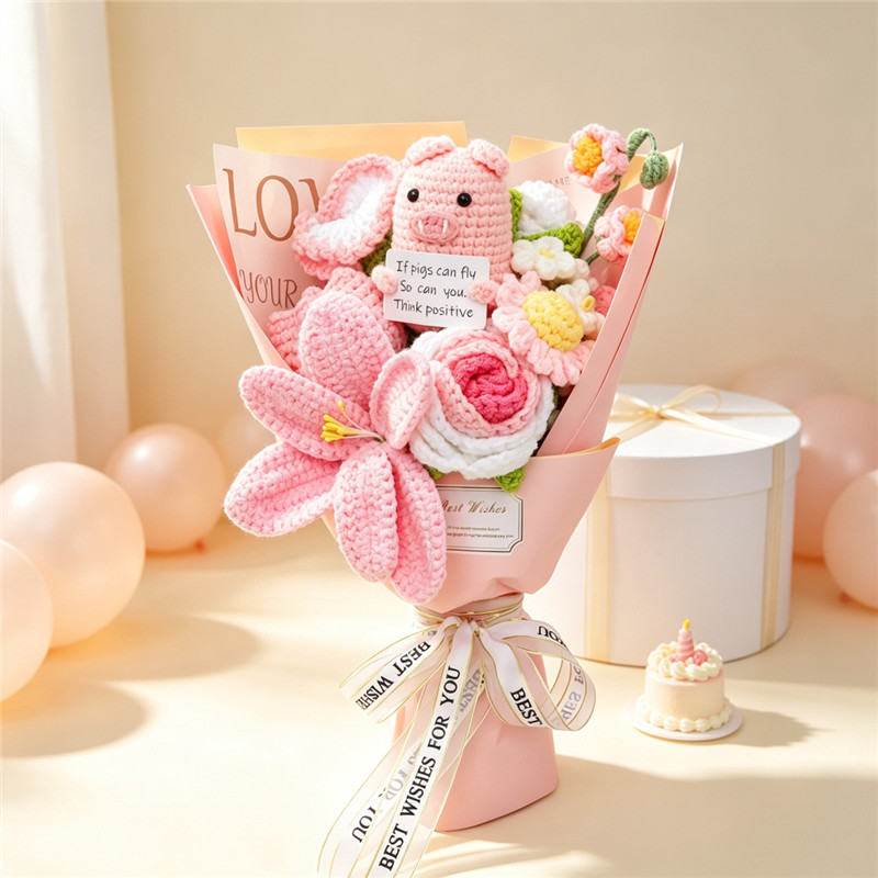Handmade Crochet Flower Bouquet Featuring Cute Pig Doll Alongside Roses And Lilies, Soft Yarn Everlasting Knitted Bouquet, Indoor Home Decor Ornament